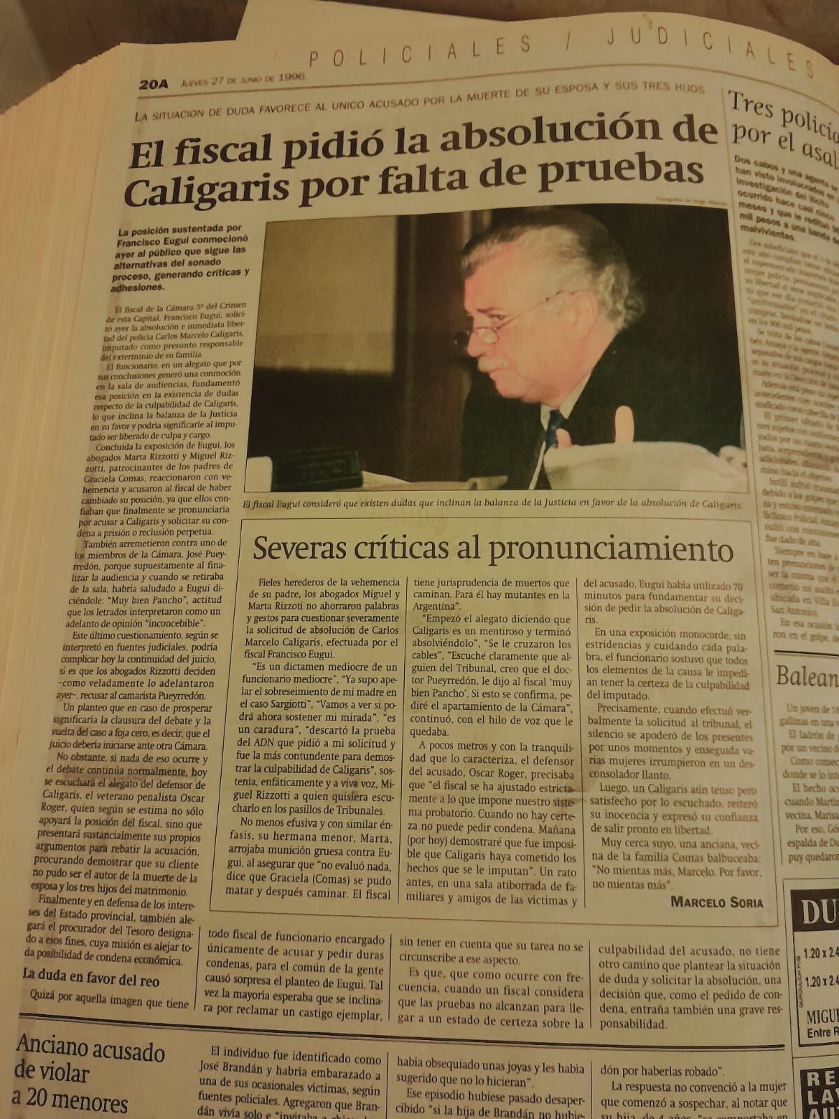 El expolicía Caligaris fue juzgado y absuelto de matar a su familia en 1996 en Córdoba. (La Voz / Archivo)