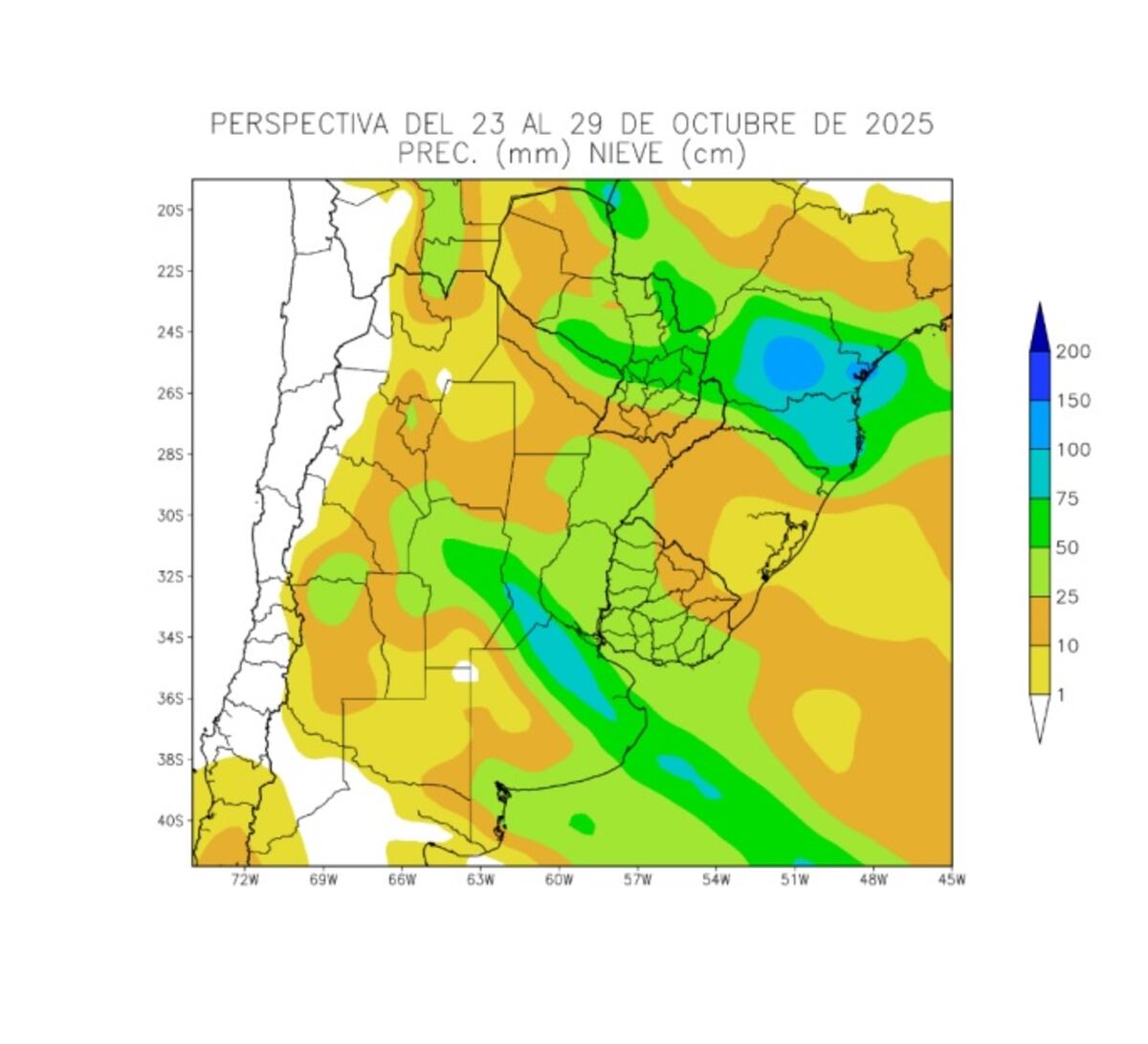 Perspectiva agroclimática: precipitaciones durante la semana del 23  y 29 de octubre. (Gentileza Bolsa de Cereales de Buenos Aires)