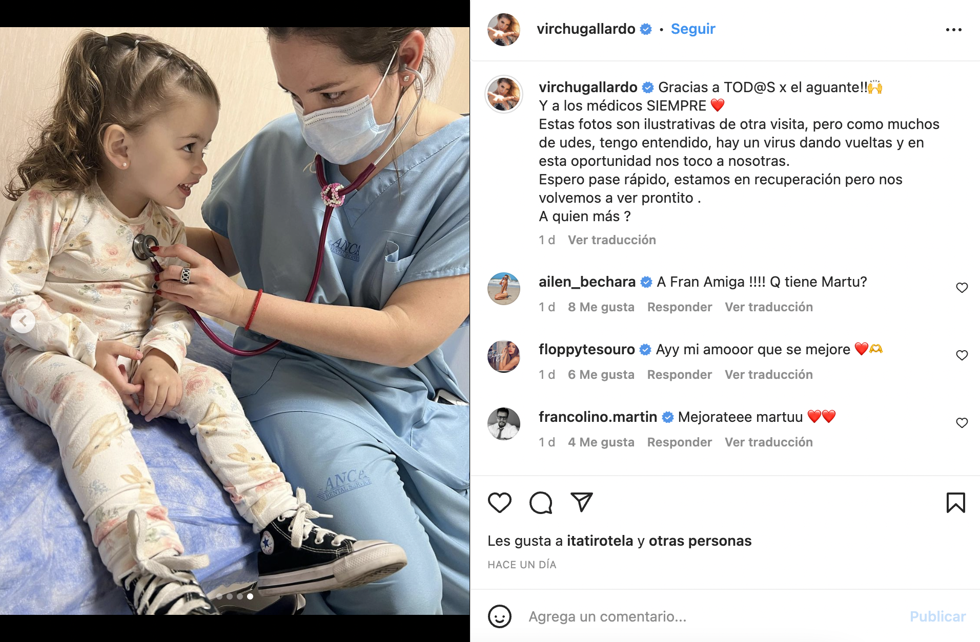 La publicación de Virginia Gallardo sobre la salud de su hija.