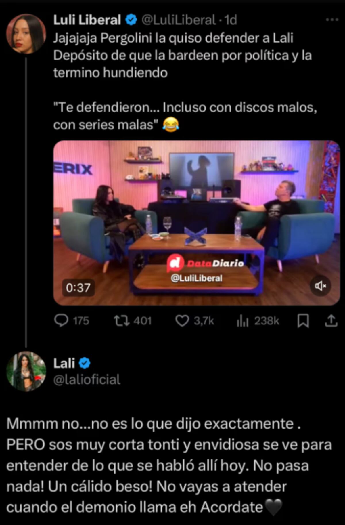 El cruce de Lali con una tuitera. (Captura)