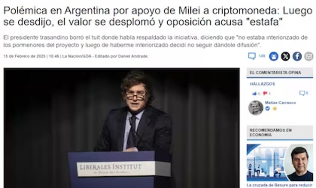 Emol publicó: “Polémica en Argentina por apoyo de Milei a criptomoneda".