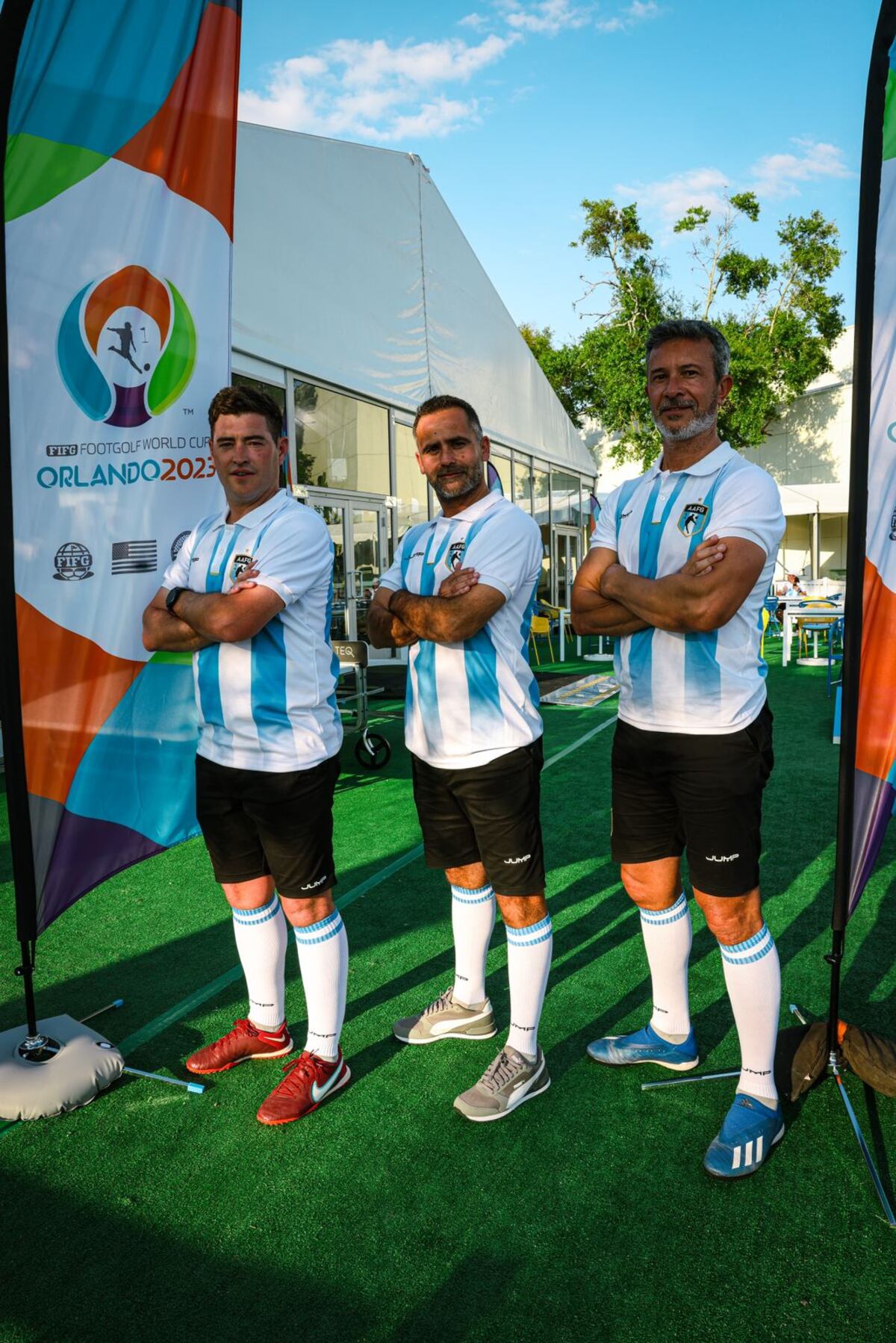 Los tres cordobeses que forman parte del equipo argentino en la competencia. (Gentileza Asociación Argentina de Footgolf)
