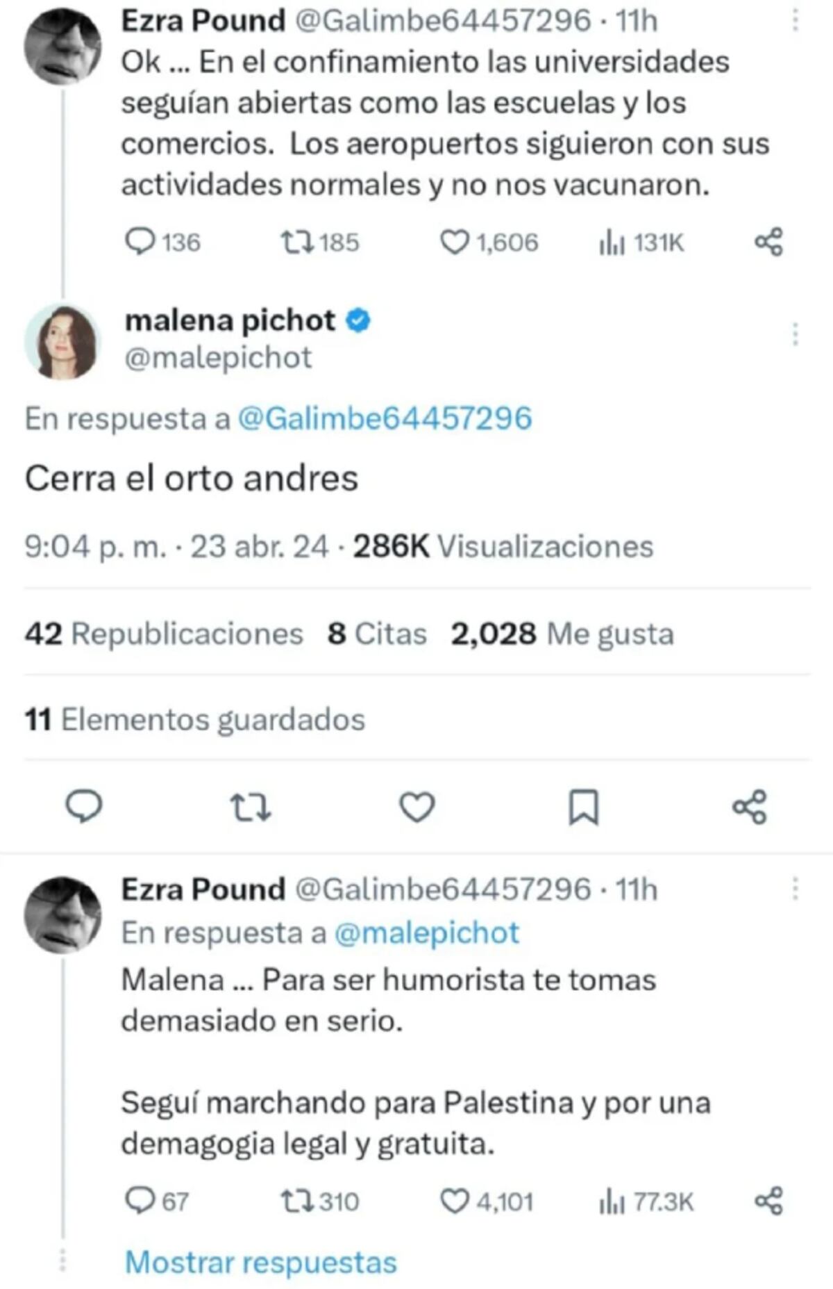 El cruce de Malena Pichot y Andrés Calamaro. (Captura)