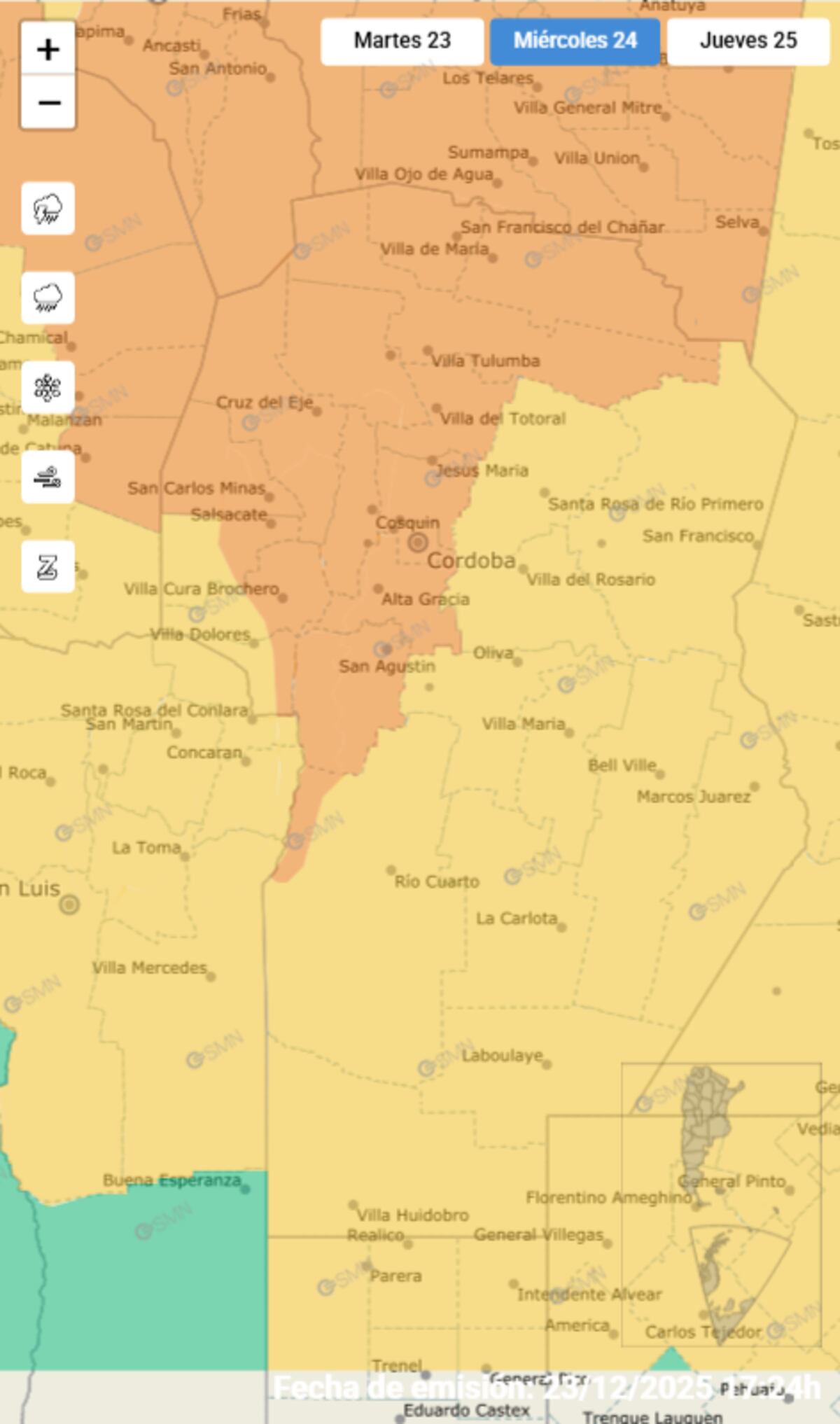 El mapa de alertas para la provincia de Córdoba emitido por el Servicio Meteorológico Nacional para este miércoles. (SMN)