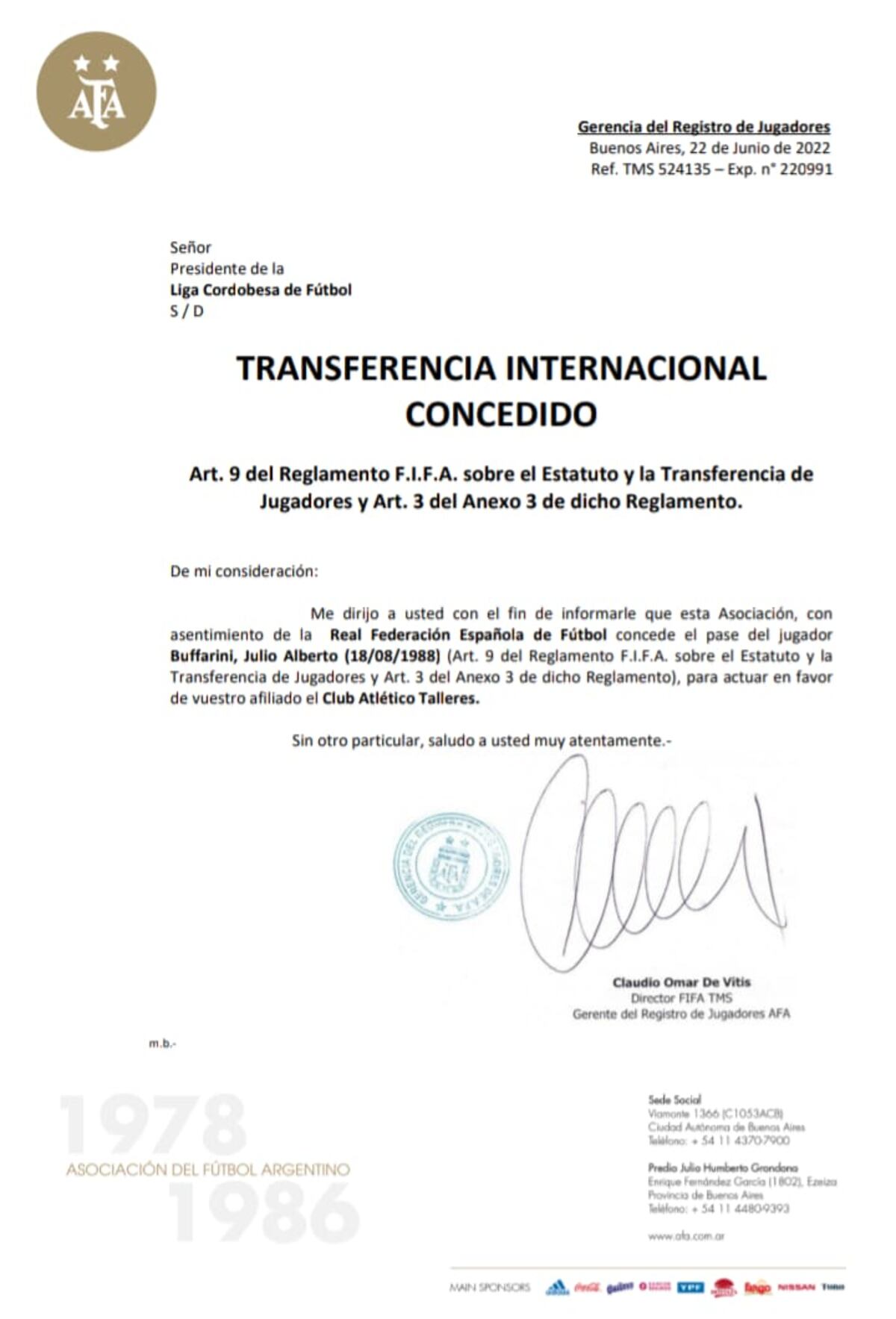 La habilitación de Buffarini para Talleres