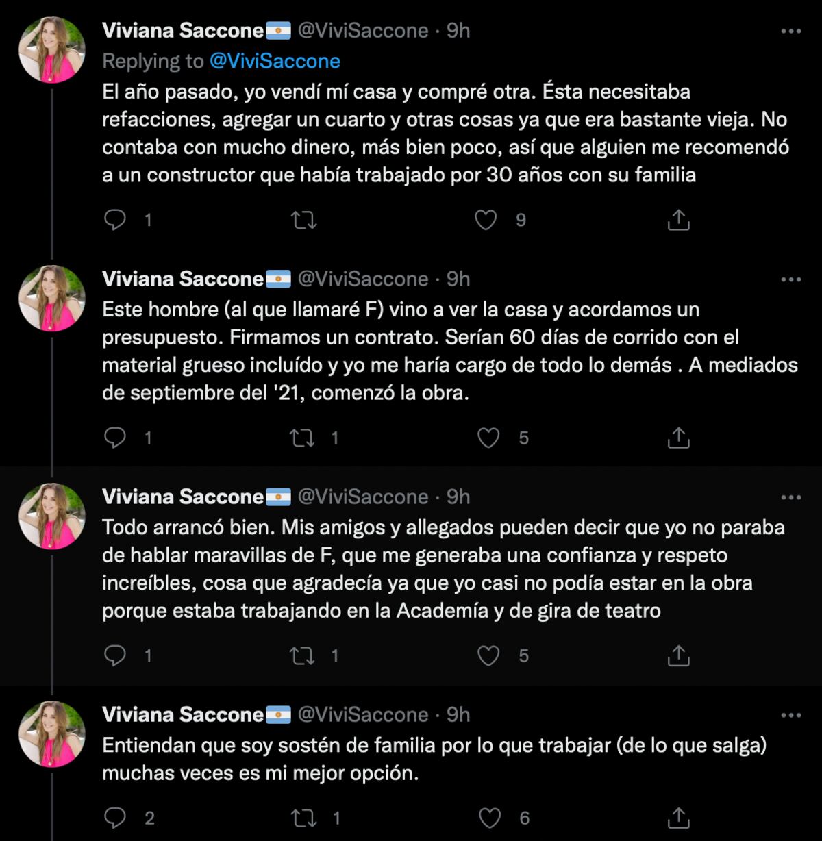 Los tuits de Viviana Saccone explicando cómo fue víctima de la estafa de un albañil.