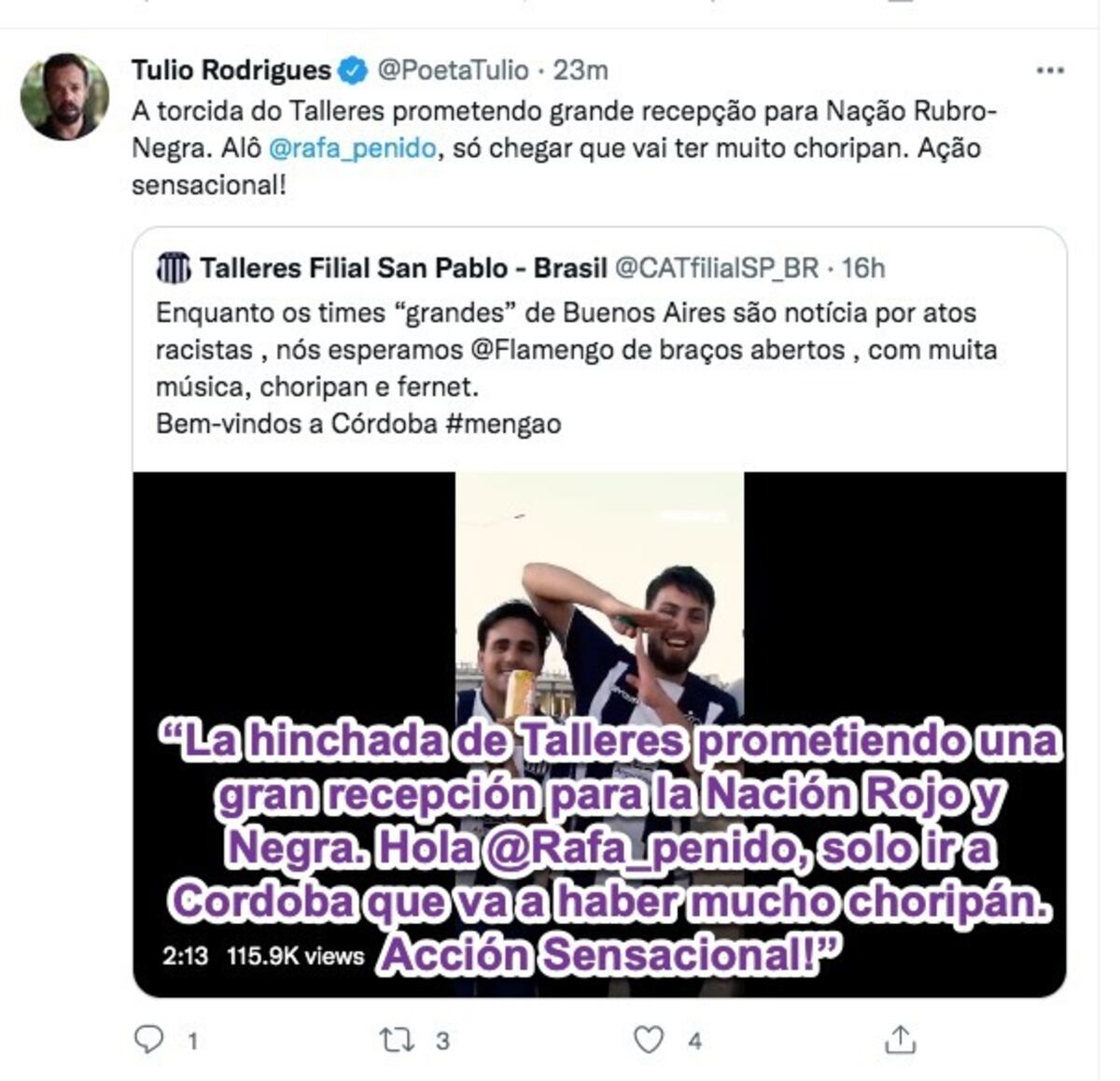 La hinchada de Flamengo elogiando a la de Talleres en redes sociales.