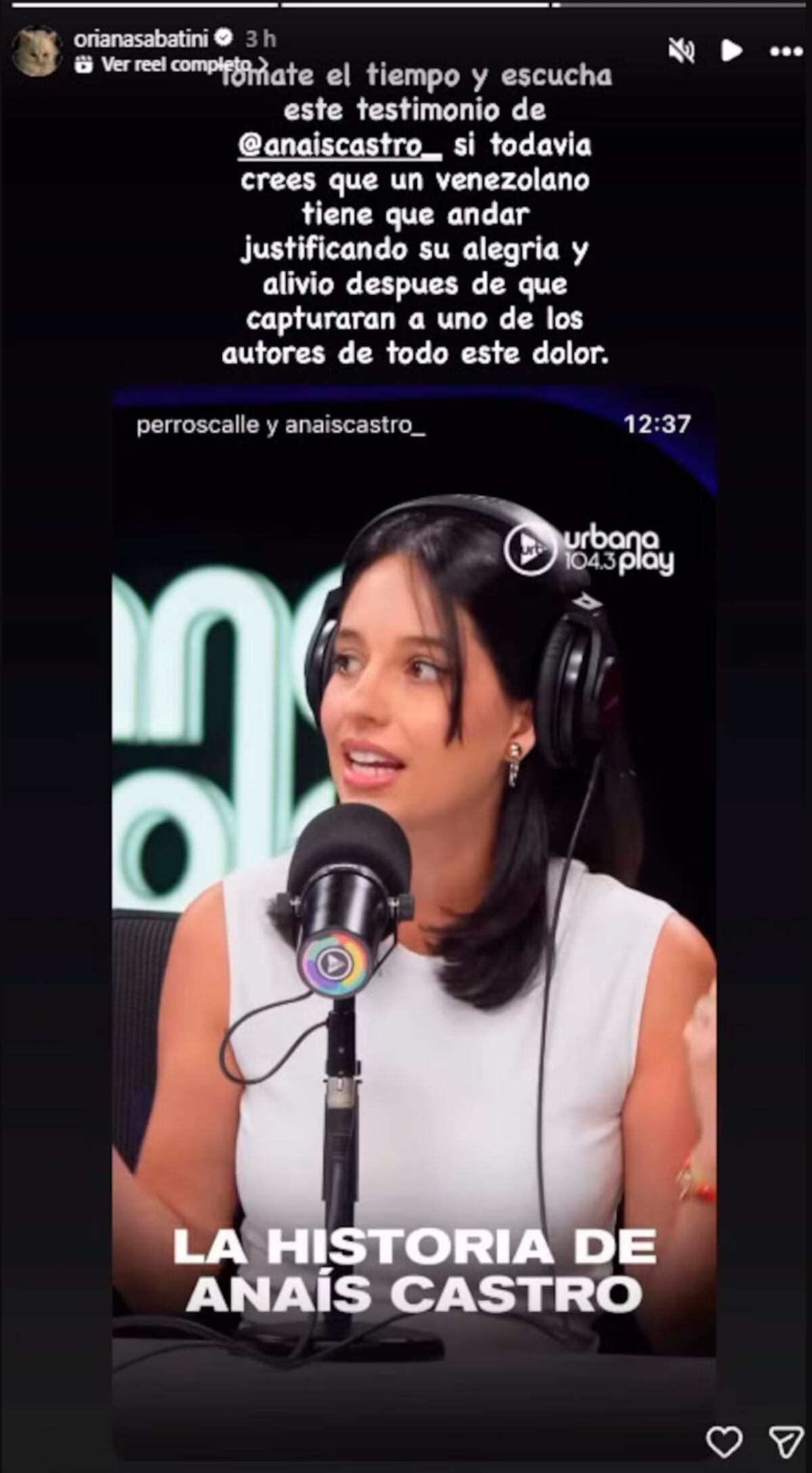 La historia que subió Oriana Sabatini en apoyo de Anaís Castro. (Foto: Captura de pantalla)
