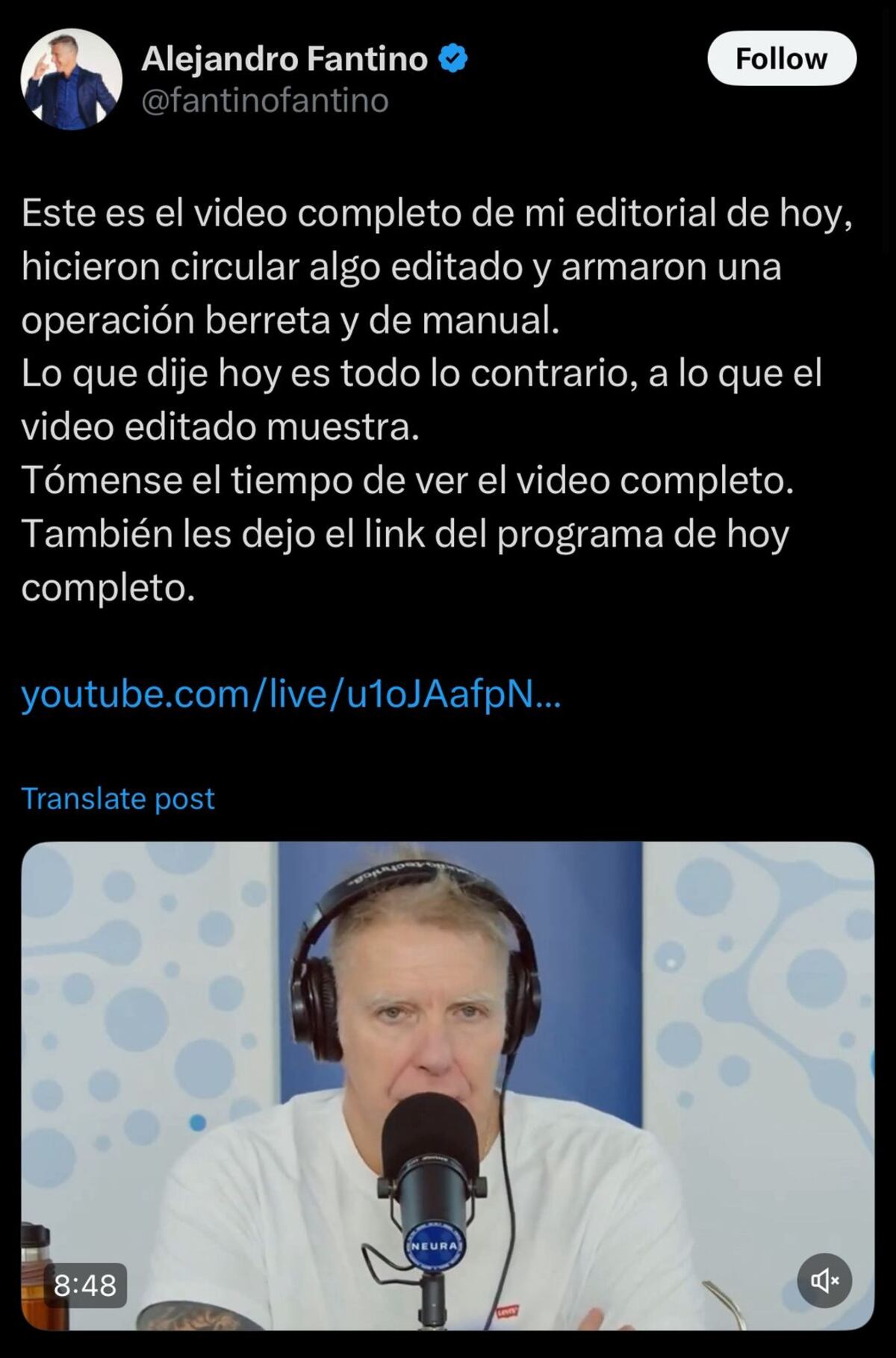 El video de Fantino contando que Luis Caputo le dijo que “se vienen meses complicados” está descontextualizado. (X)