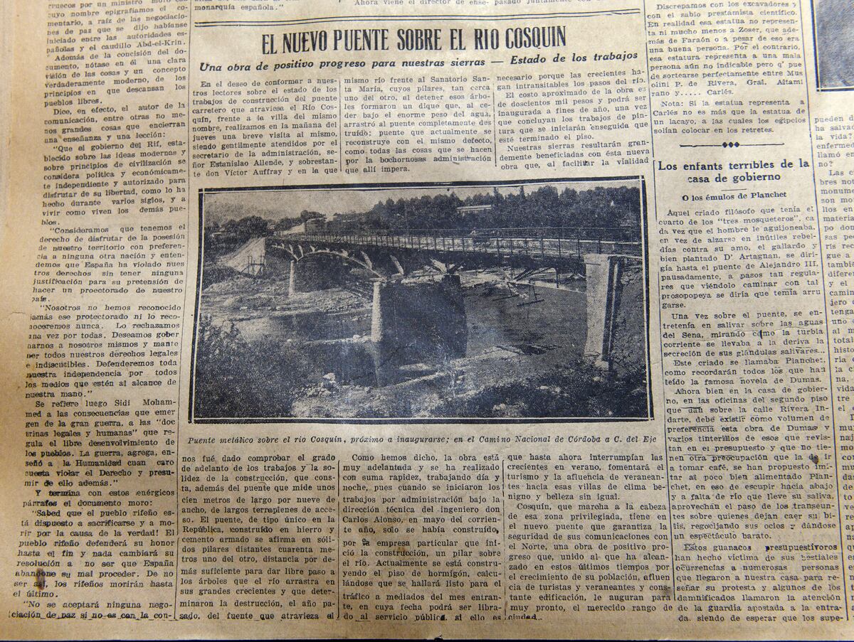 Facsímil de edición de La Voz del Interior sobre la inauguración del puente sobre el Río Cosquín