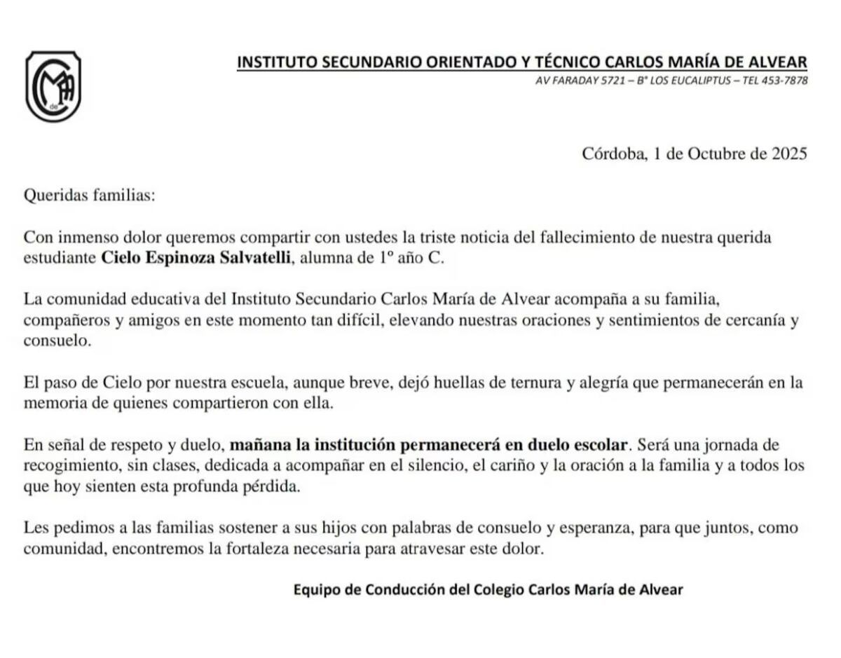 Comunicado de la escuela (Gentileza)
