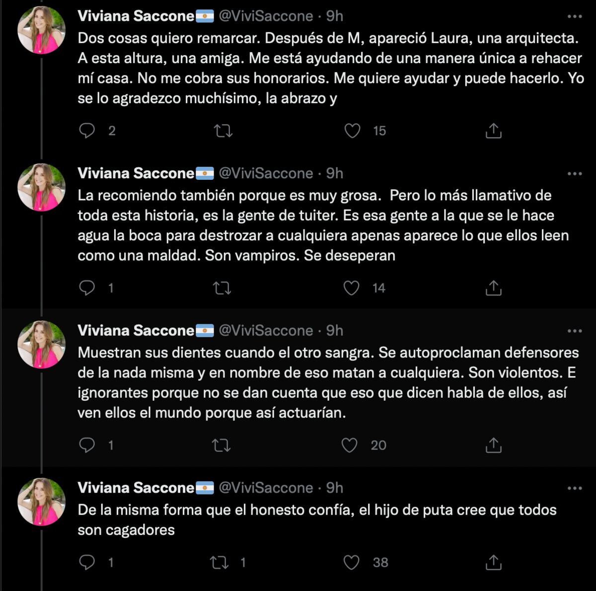 Los tuits de Viviana Saccone explicando cómo fue víctima de la estafa de un albañil.