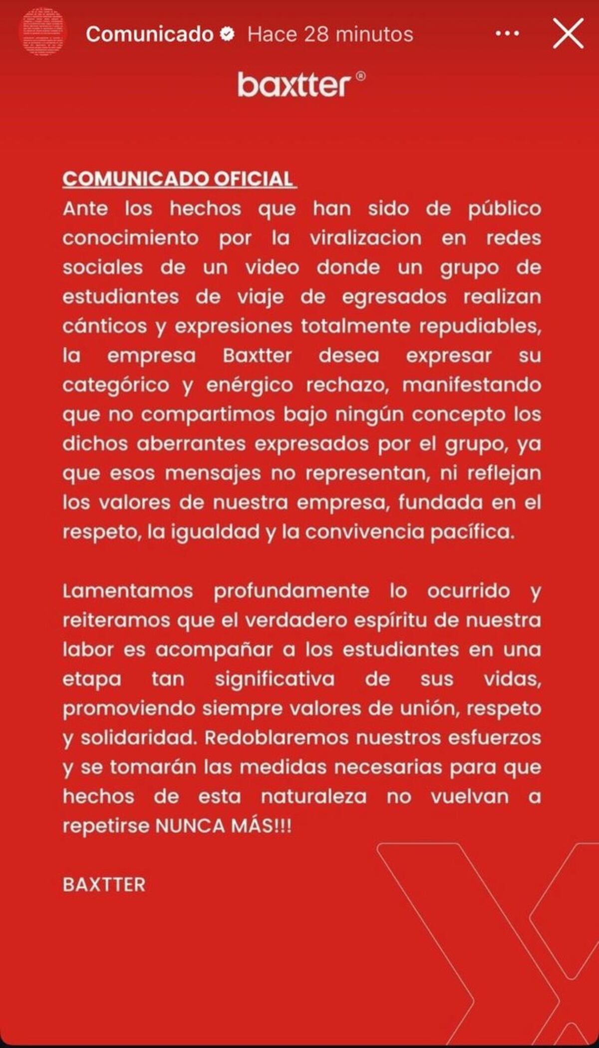 El comunicado de la empresa Baxtter