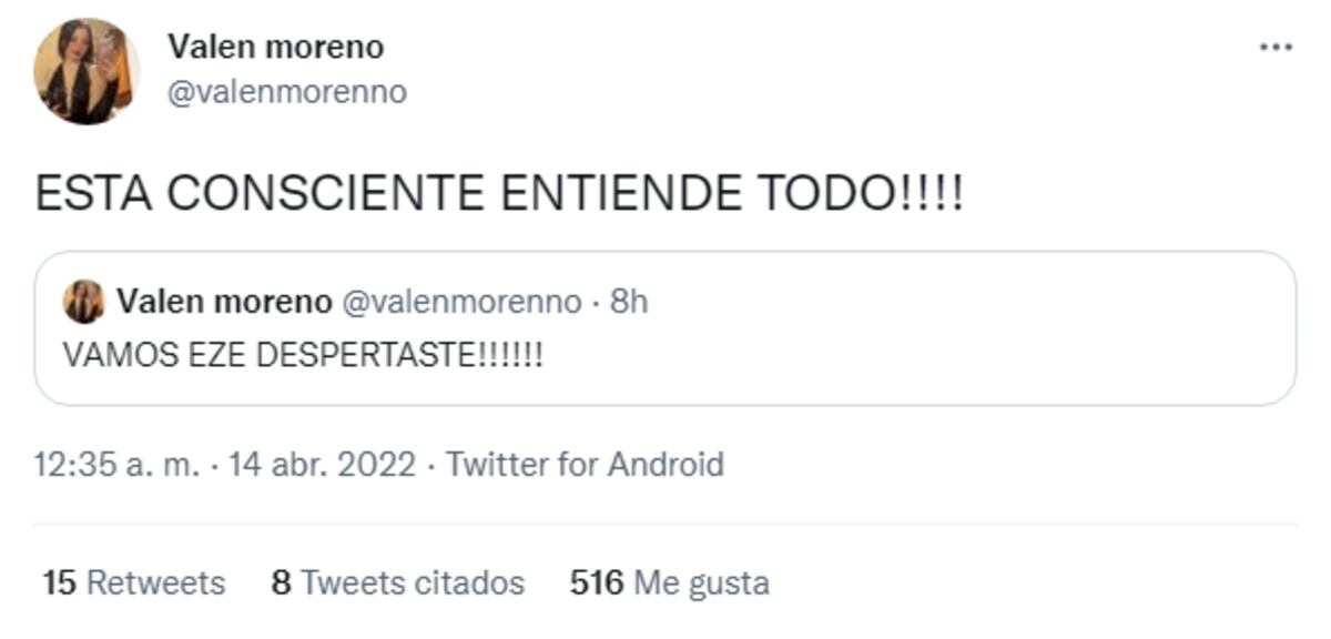 La joven reveló que Ezequiel ya está consciente.