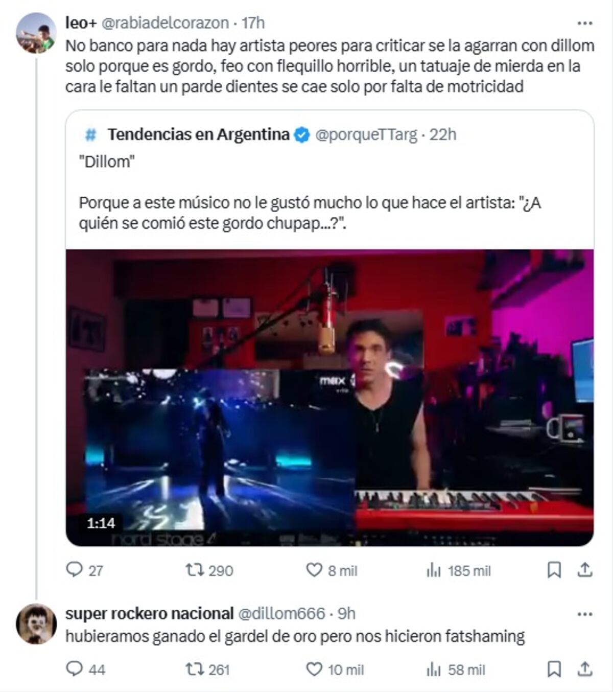 Dillom le respondió a un youtuber que destrozó su show de los premios Gardel (Captura de pantalla)