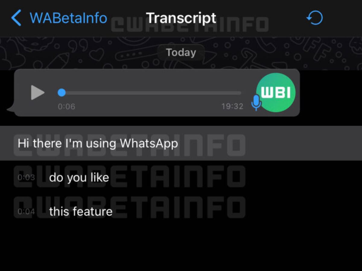 Así se ve un mensaje de voz transcripto a texto automáticamente. Imagen de Wabetainfo.