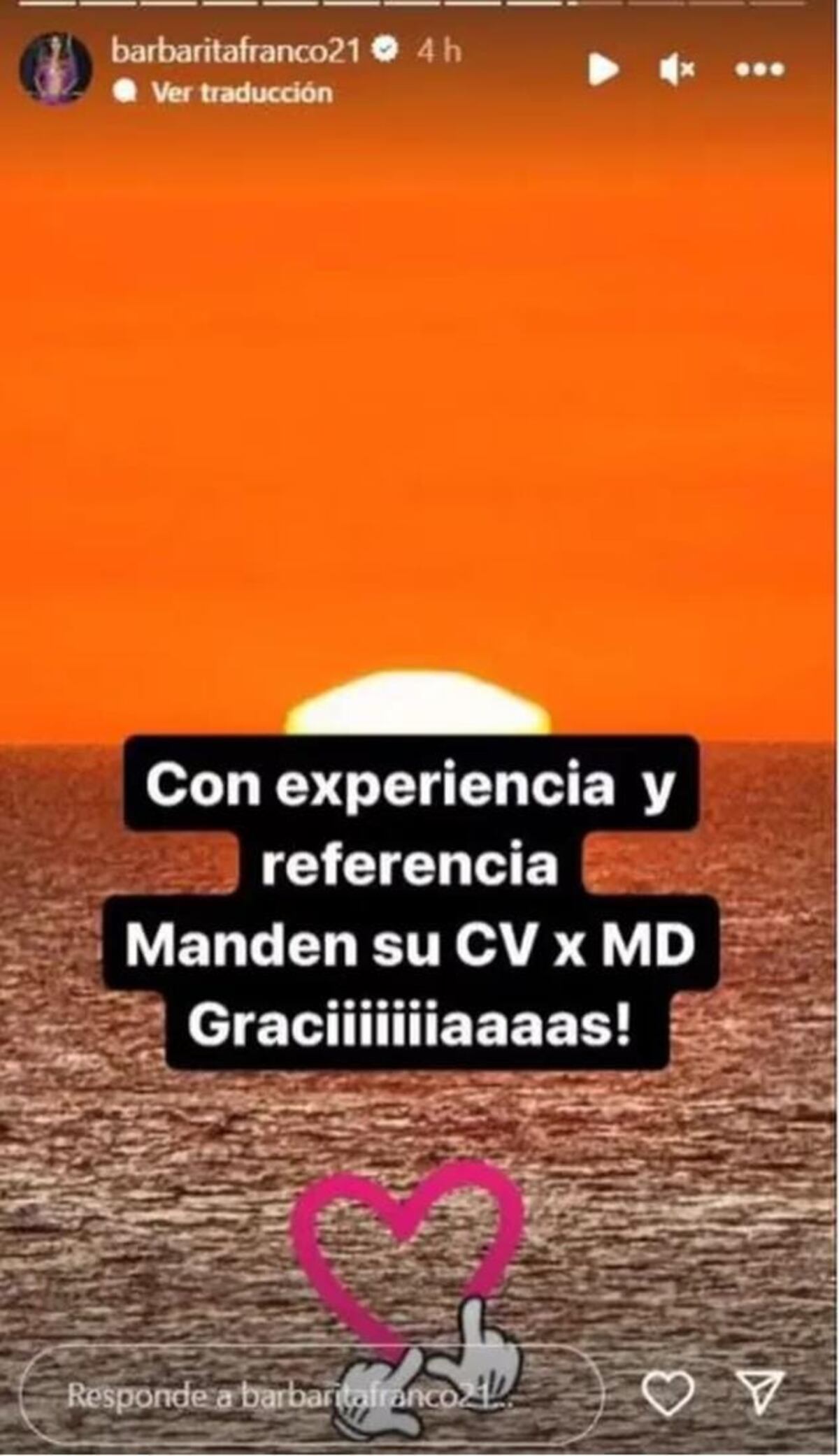 La búsqueda laboral de Barby Franco  por Instagram.