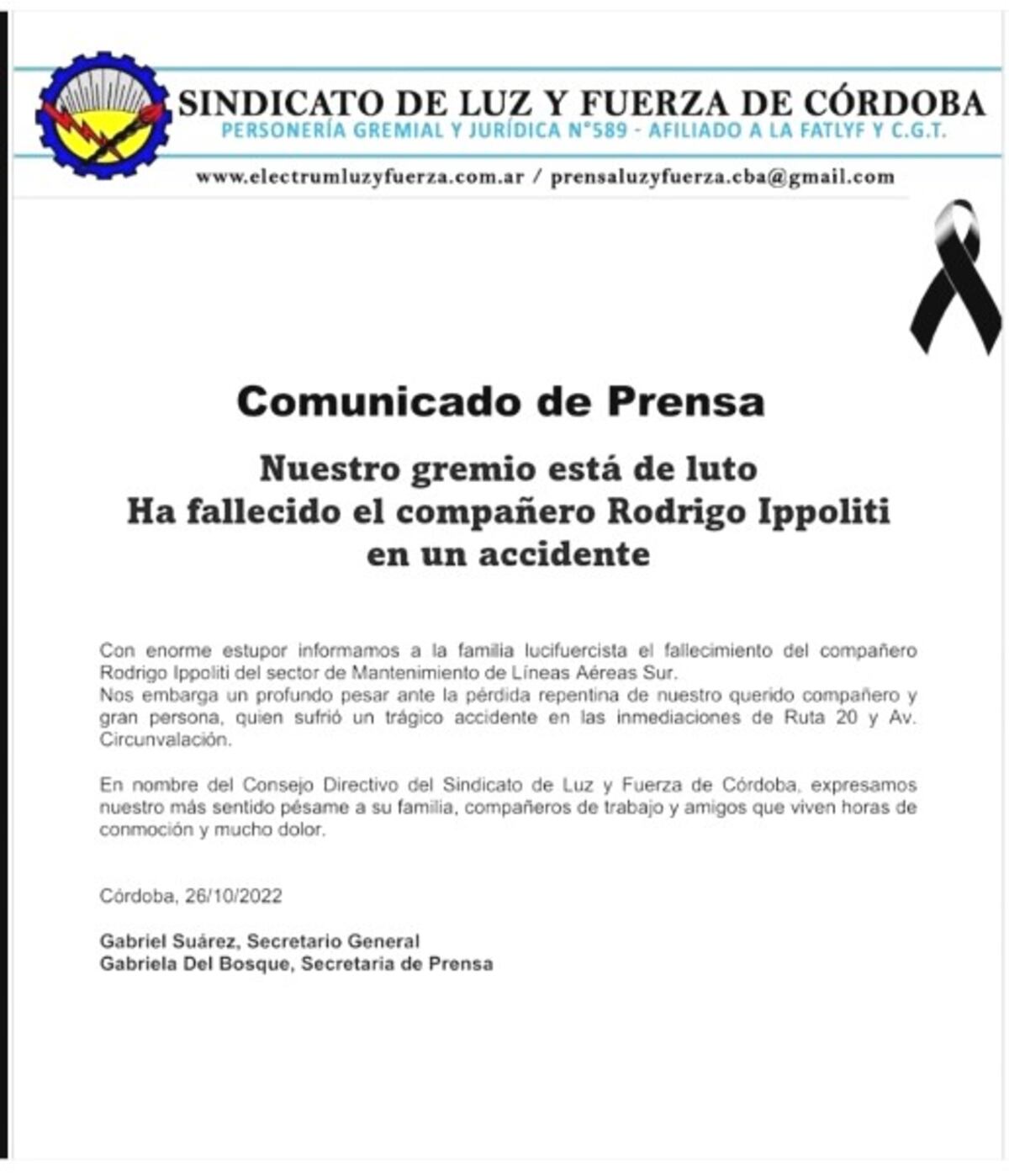 El comunicado de Luz y Fuerza sobre la muerte del operario de la Epec.