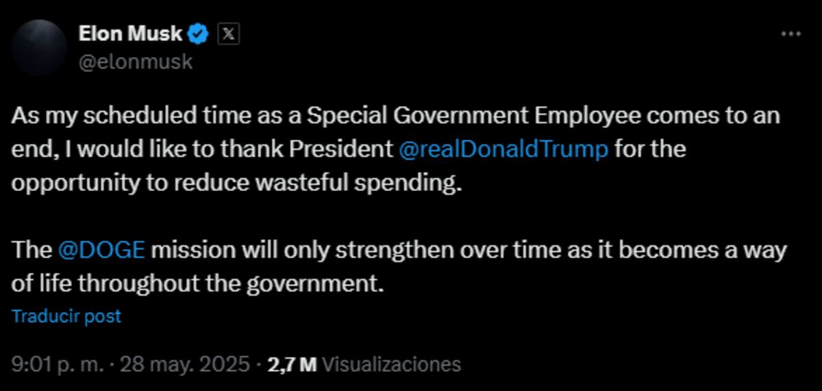 Elon Musk renunció al Gobierno de Donald Trump expresando una “decepción por el plan presupuestario”. (X)