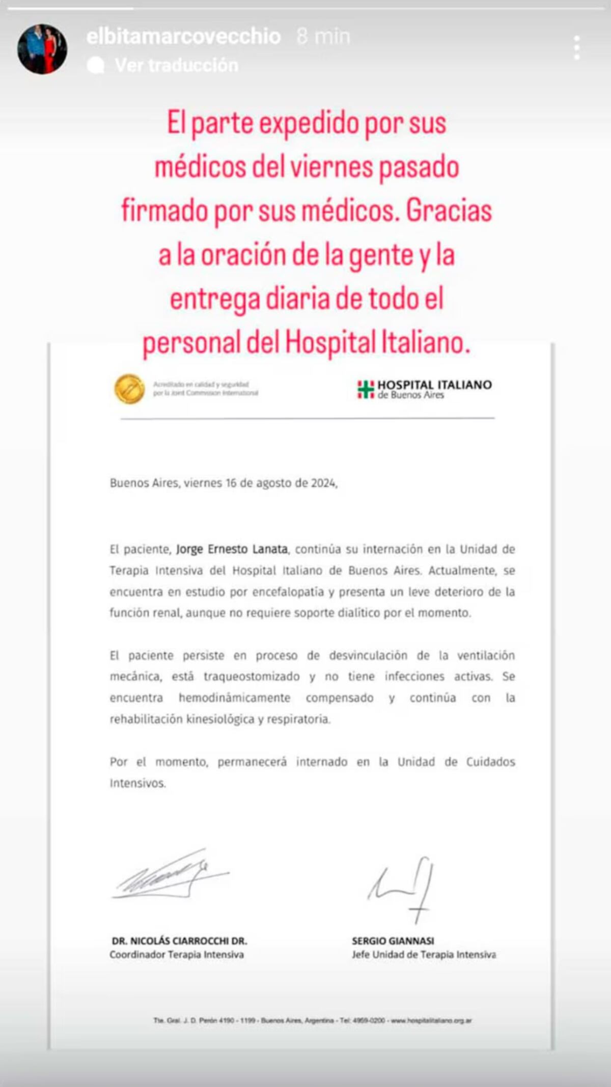 La publicación de Elba Marovecchio sobre la salud de su marido, Jorge Lanata. (Foto: captura de pantalla)