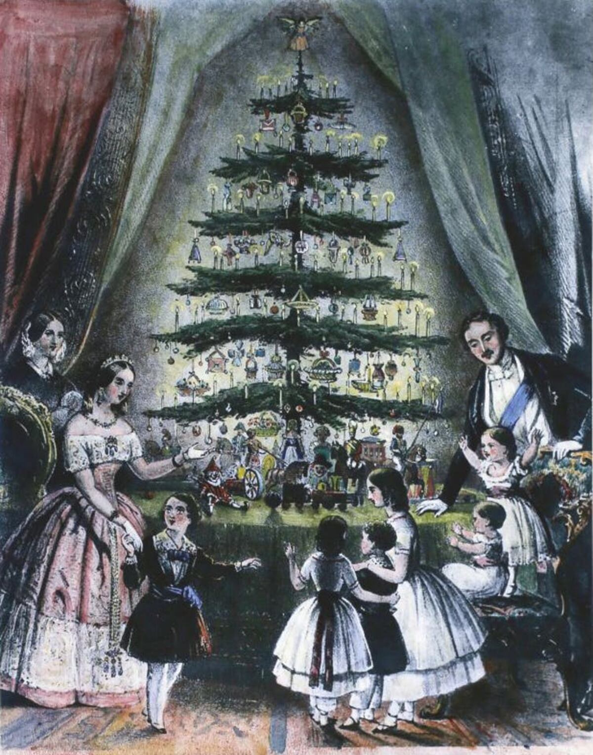 Imagen coloreada de la ilustración original del árbol navideño de la reina Victoria publicada en el Illustrated London News de 1846.
