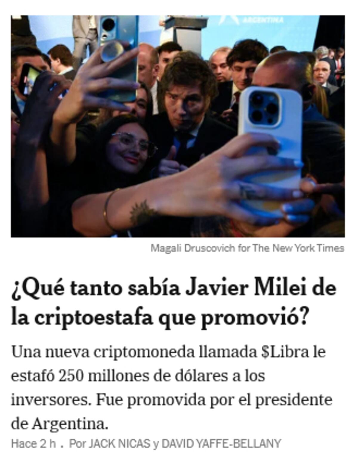 Es escándalo $Libra y la situación de Milei, reflejada por The New York Times (Captura).