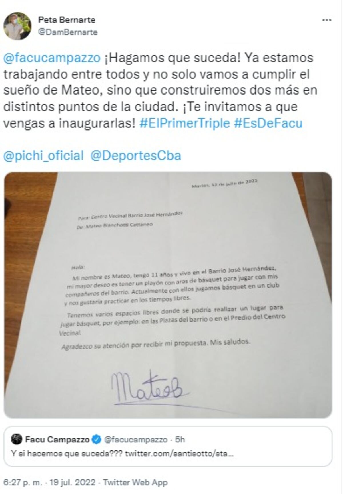 El tuit del intendente Bernarte, respondiendo a Campazzo