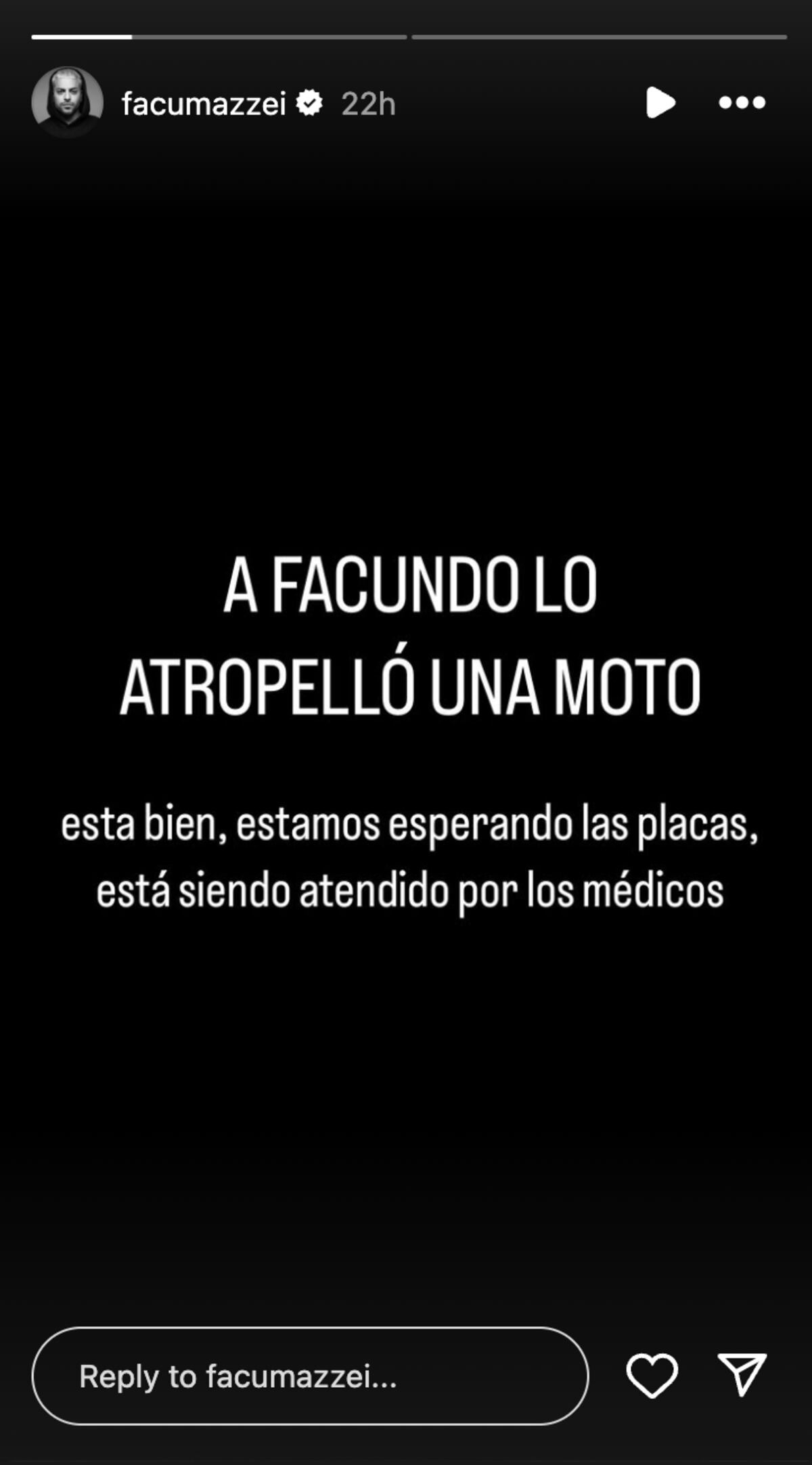 La historia en la cuenta de Facundo Mazzei donde se comunicó que había sufrido un accidente. (Foto: captura de pantalla)