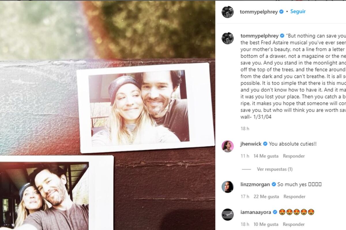 Kaley Cuoco y Tom Pelphrey en uno de los posteos que hizo el actor (Instagram).