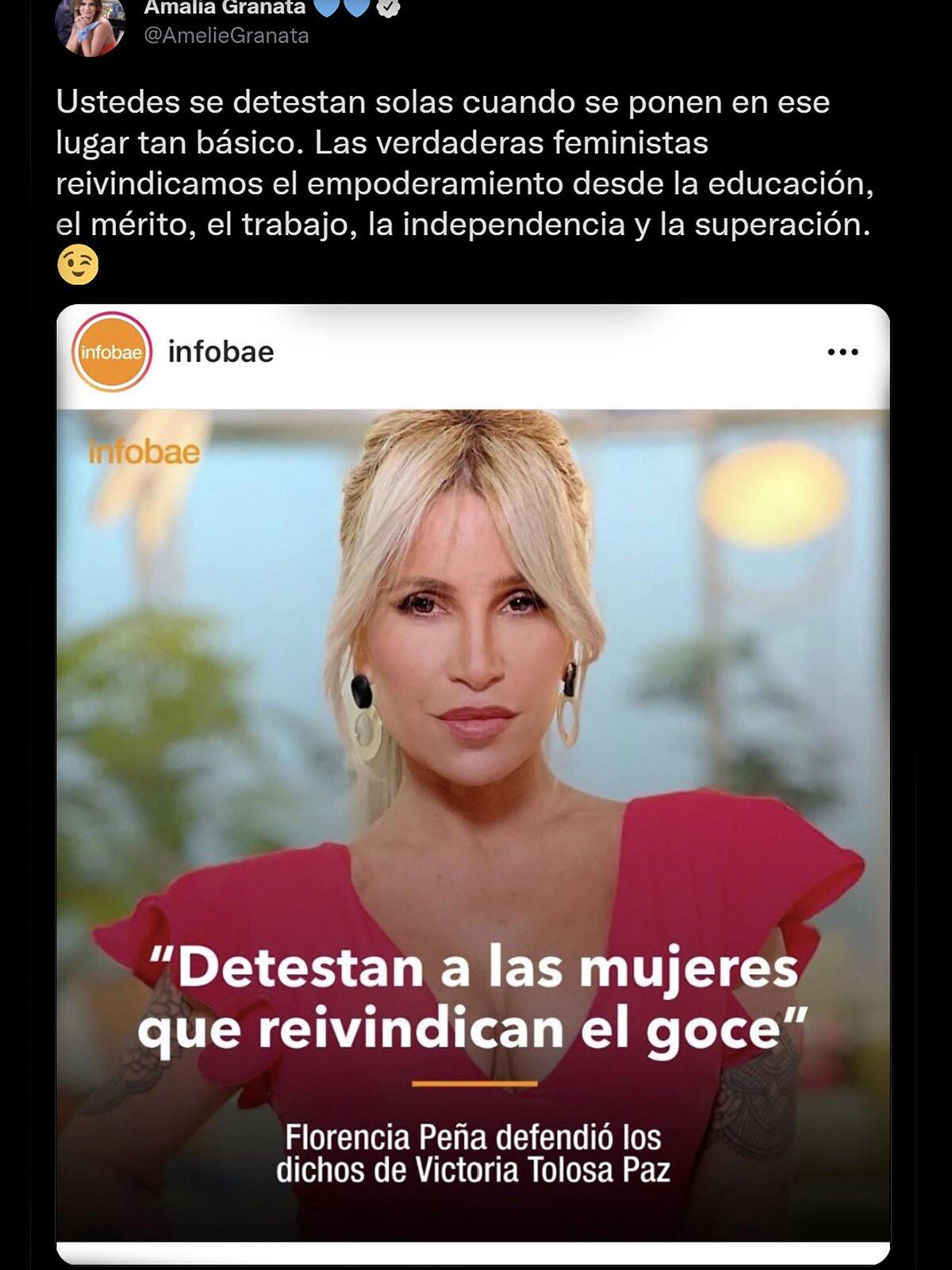 Amalia Granata apuntó contra Florencia Peña tras la defensa de la actriz a Victoria Tolosa Paz.