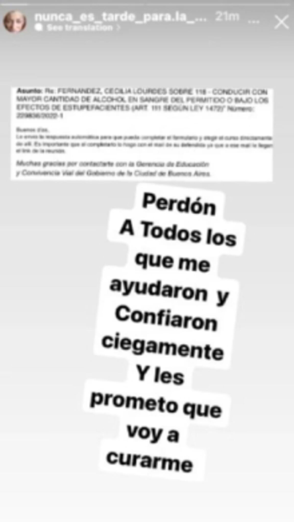 Lourdes Fernández compartió un dramático mensaje en su Instagram. (Captura)