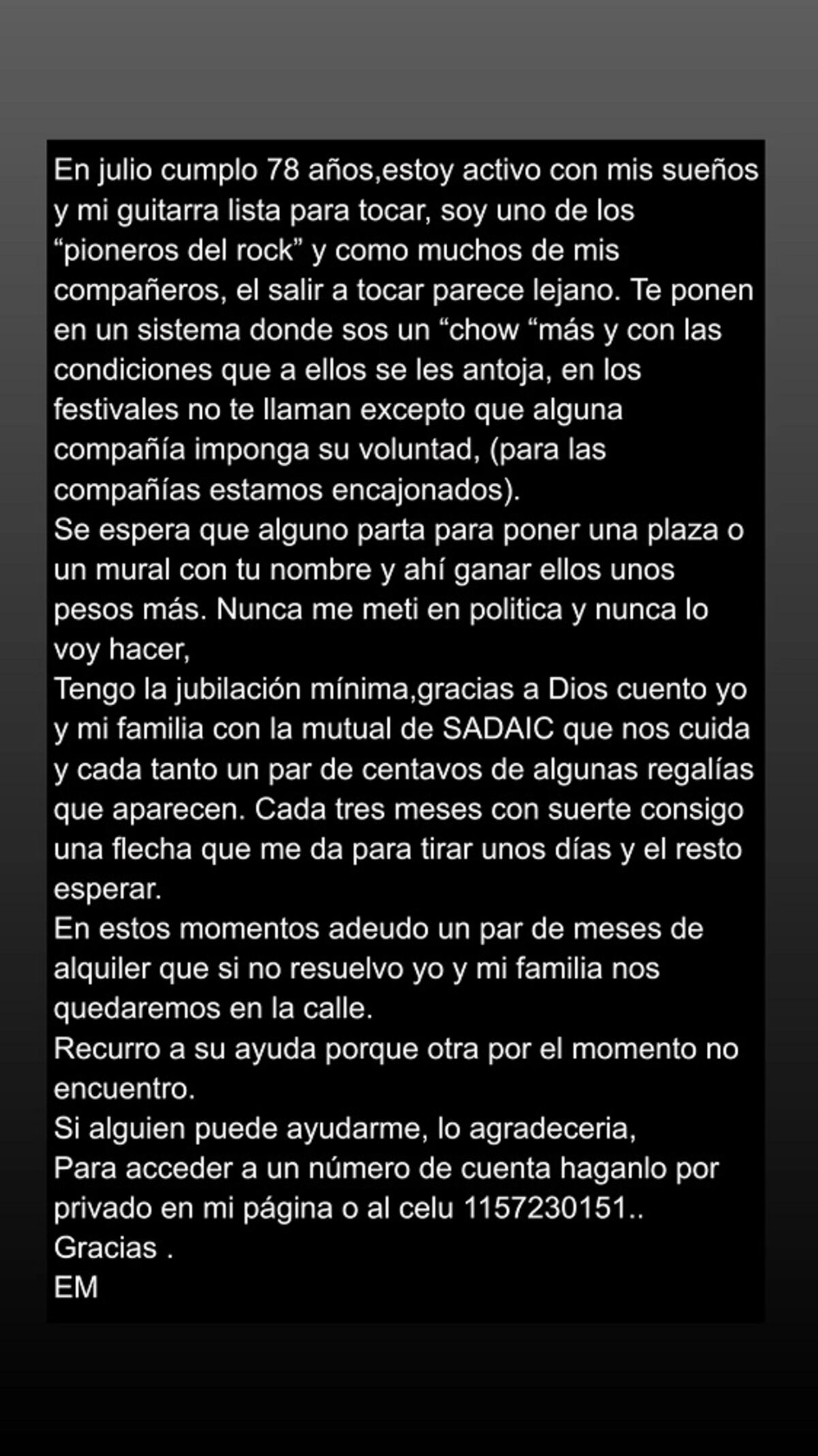 El impactante mensaje de Edelmiro Molinari sobre su situación económica. (Captura Instagram).