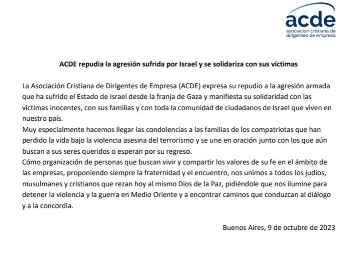 Guerra en Israel: la Asociación Cristiana de Dirigentes de Empresa expresó su repudio
