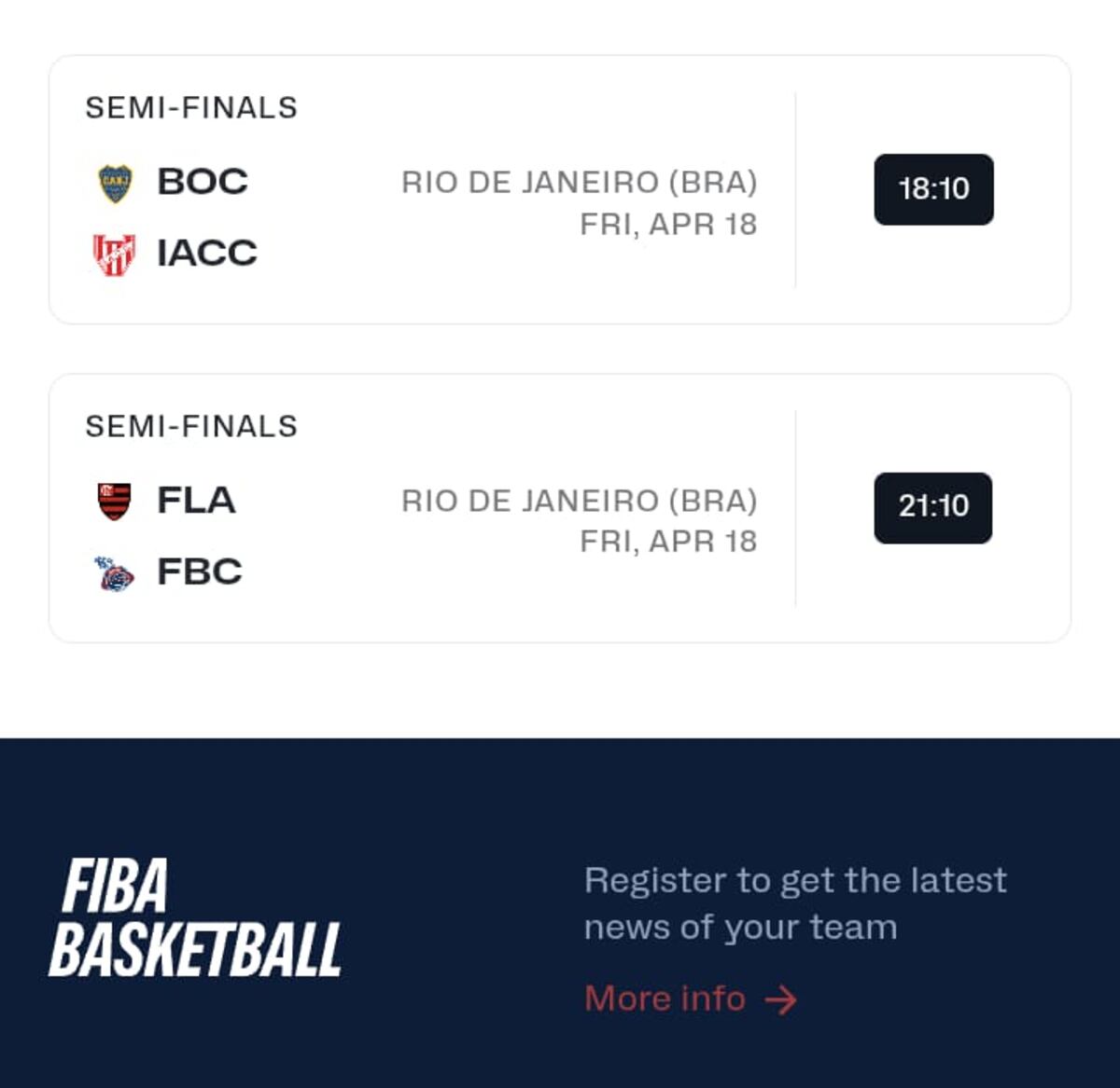 El programa de partidos de las semifinales de la Basketball Champions League. (Fiba)
