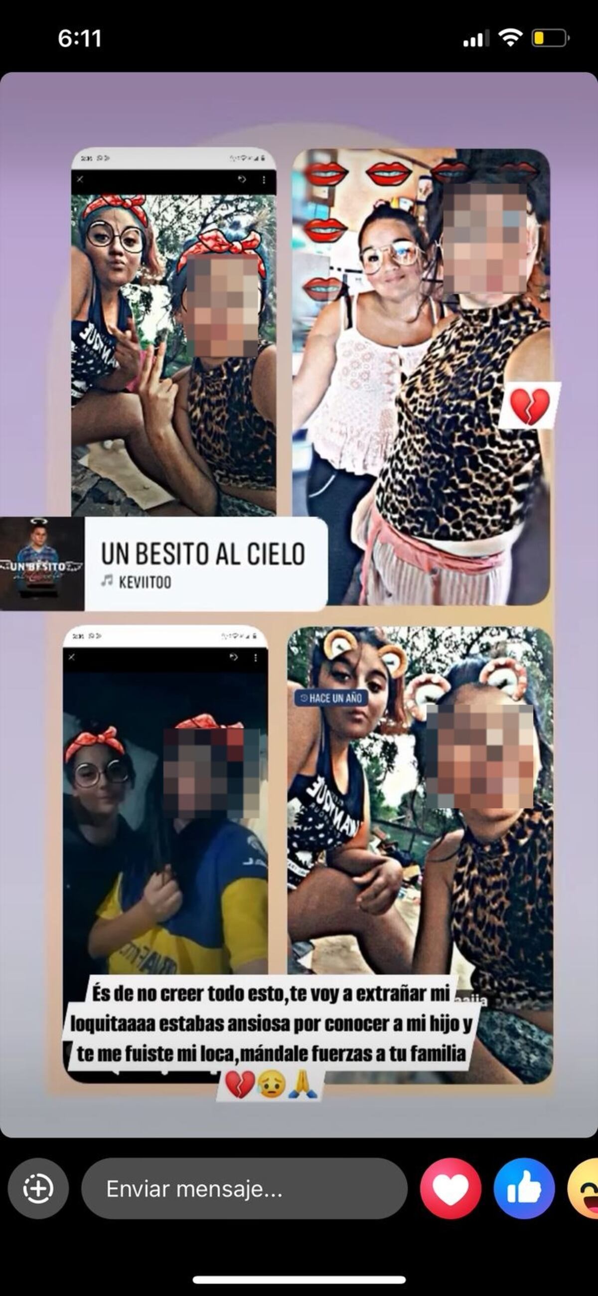 Captura de las palabras de amigos y familiares vía Facebook, acompañadas de una foto de Brenda Torres.