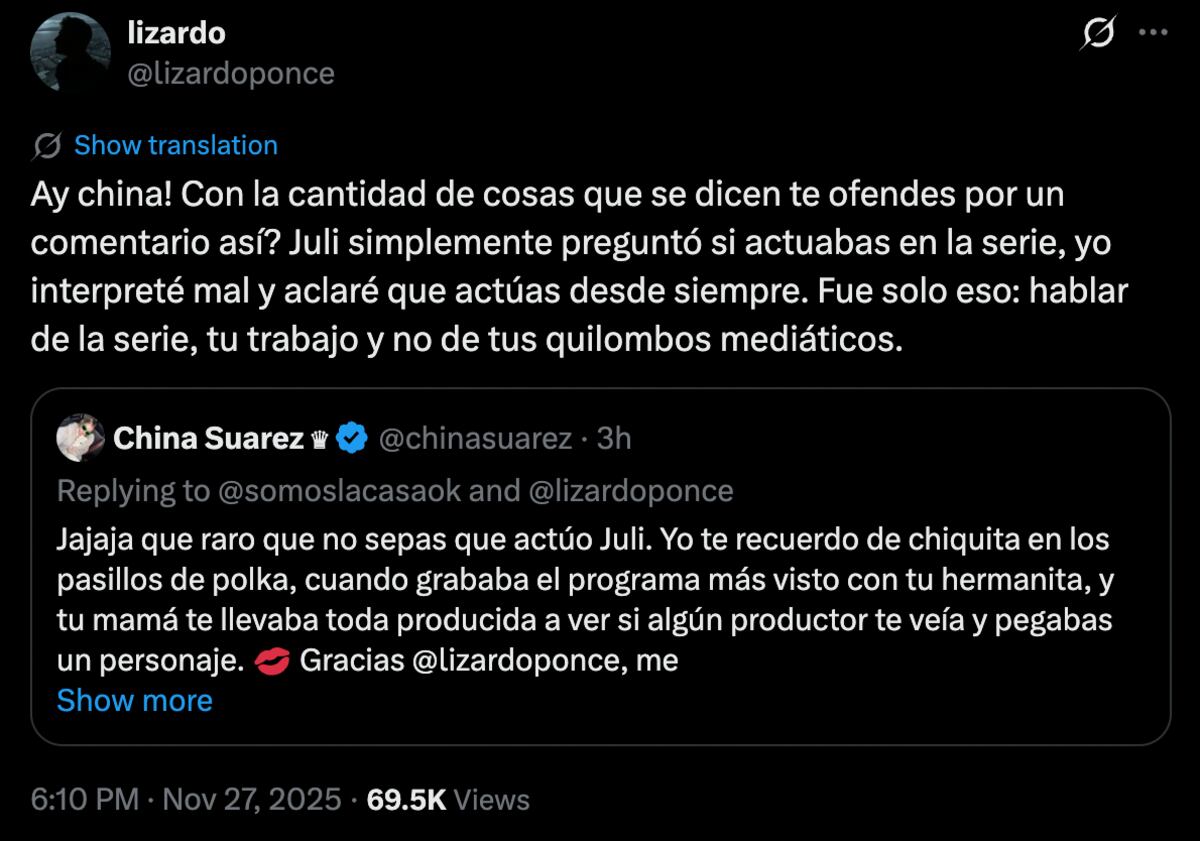Lizardo Ponce le respondió a la China Suárez. (Foto: Captura de pantalla)