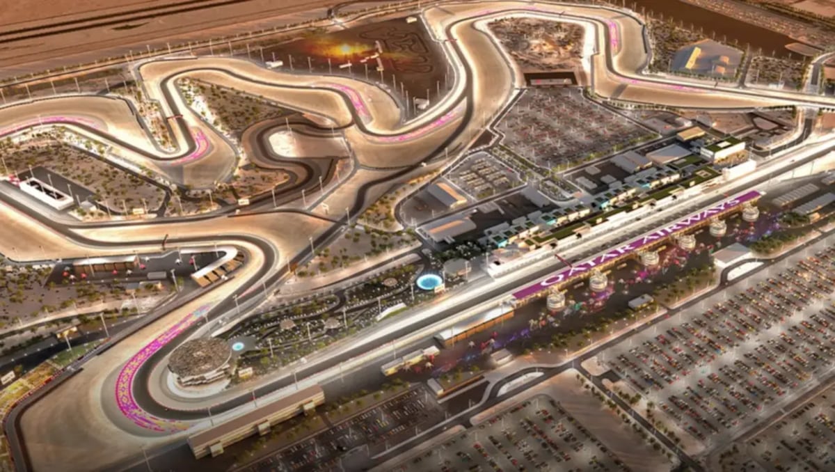 Vista aérea del circuito de Losail a 28 kilómetros de Doha y que es iluminado artificialmente a través de 3.600 proyectores. La visibilidad y las altas temperaturas serán escollo a vencer. /F1.com.