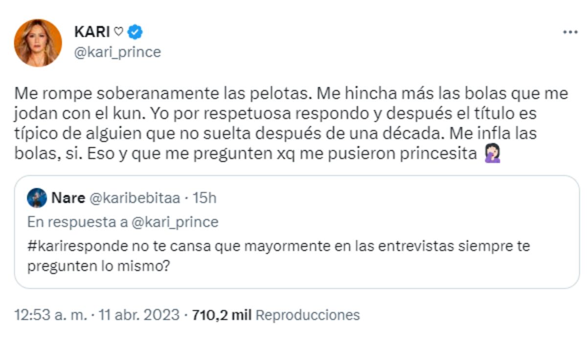 Karina manifestó su enojo por la repetición de ciertas preguntas. (Twitter @kari_pince)