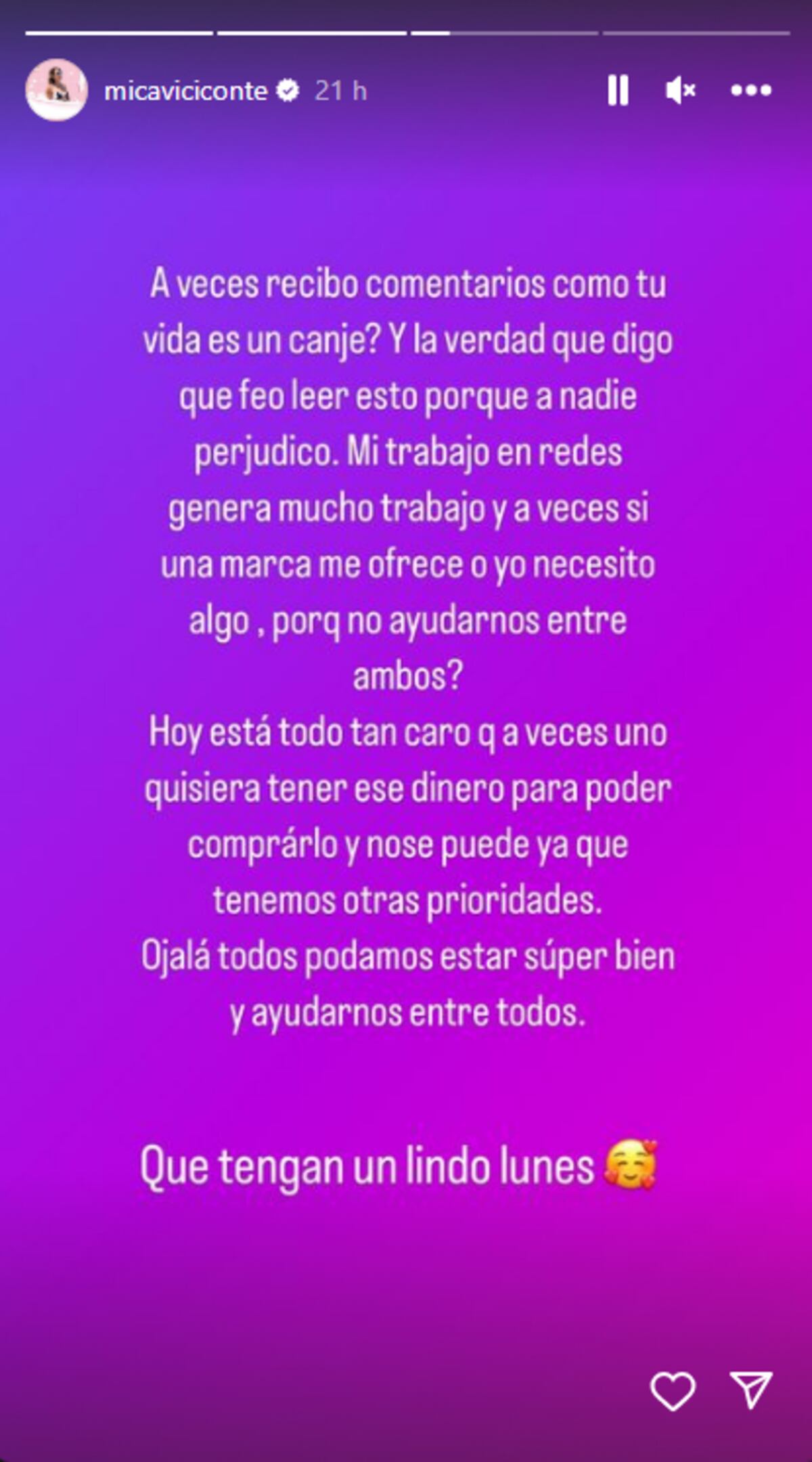 Mica Viciconte y un mensaje a los haters. (Instagram Mica Viciconte)
