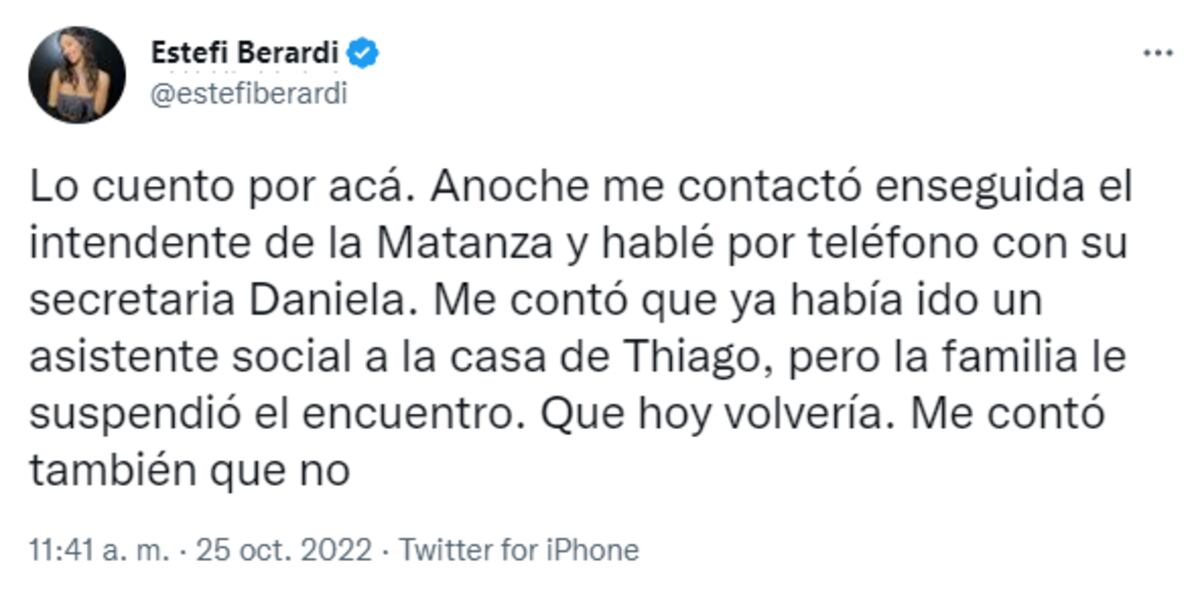 Estefi Berardi en Twitter sobre la familia de Thiago (Captura de pantalla)