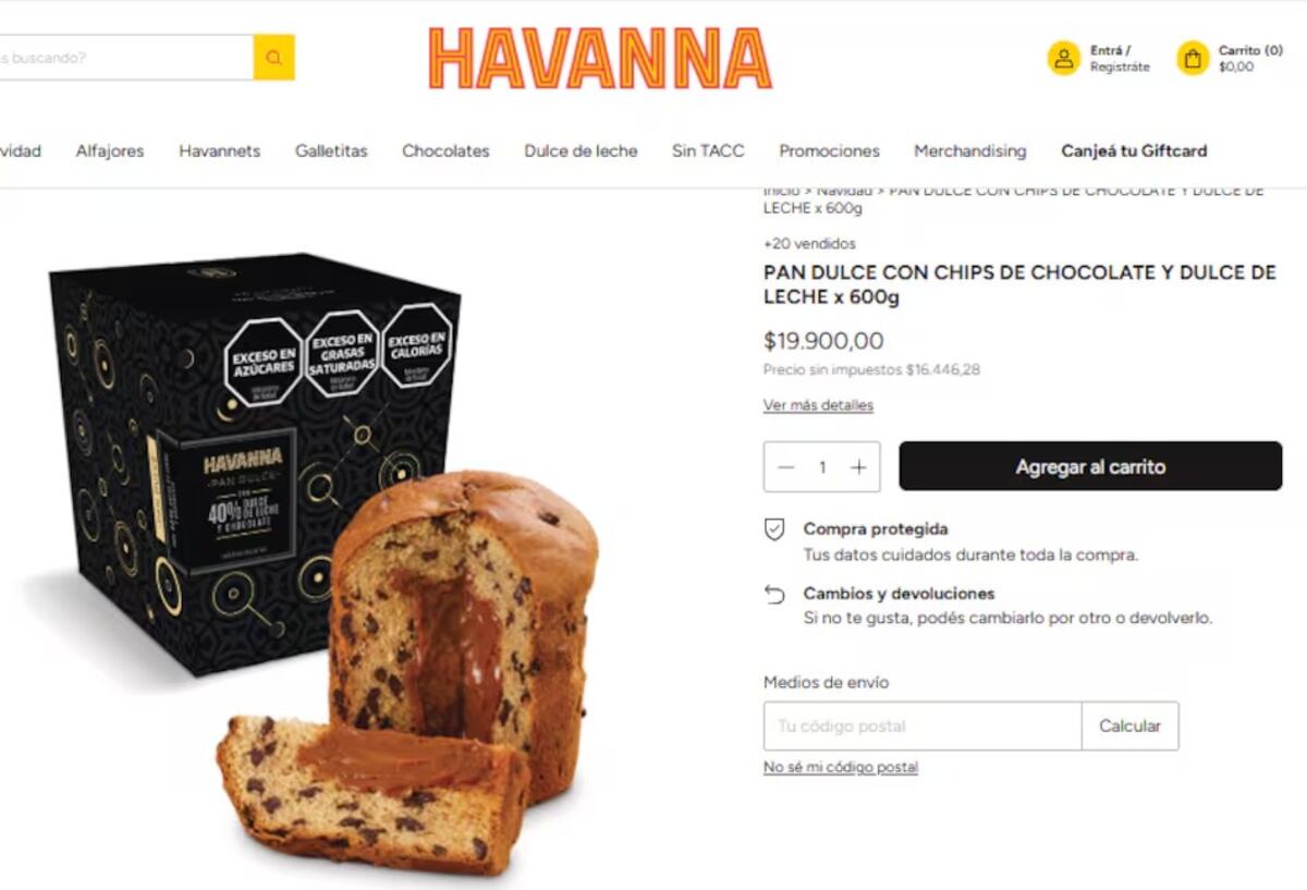 El pan dulce de Havanna es relleno de dulce de leche y chips de chocolate.