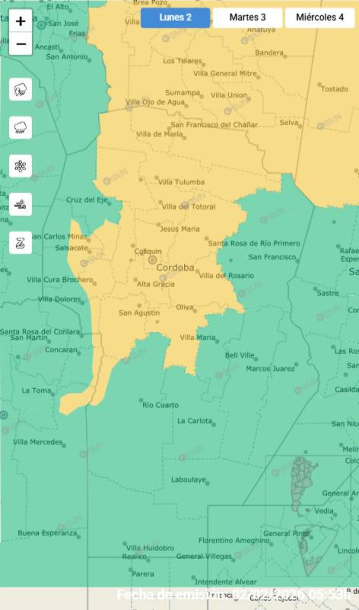 Clima. Alerta amarilla por tormentas para este lunes 2 de febrero. (SMN)