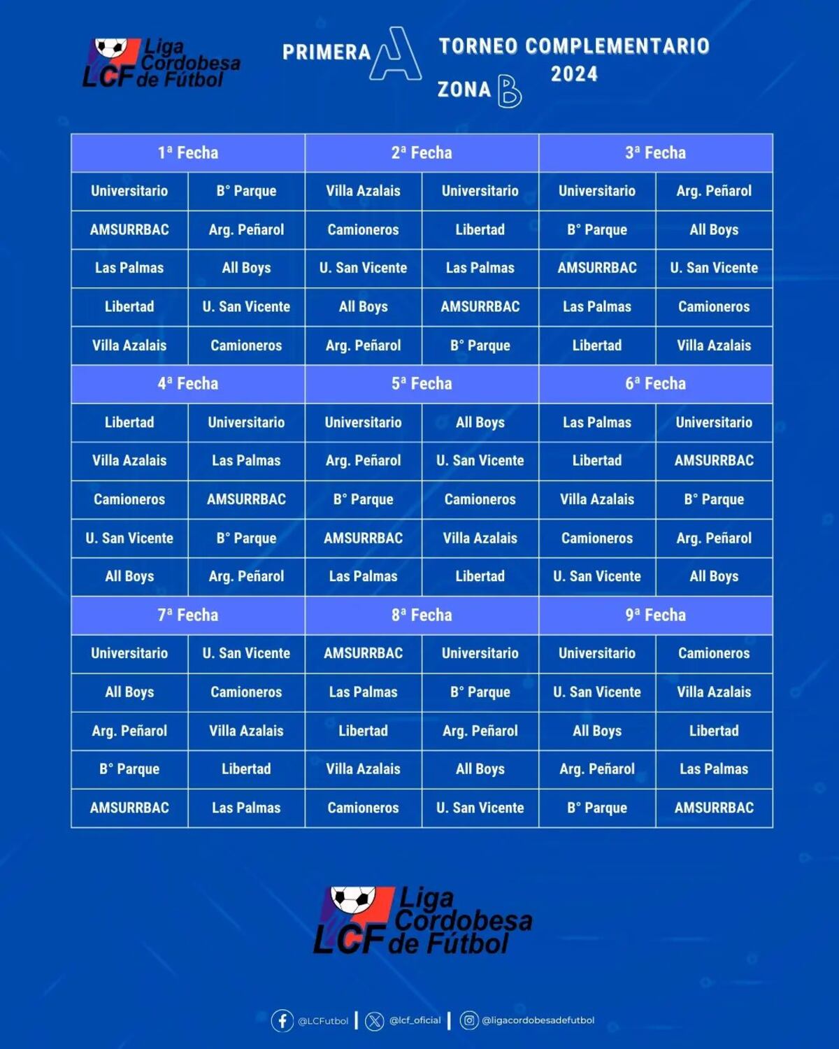 El fixture de la LCF de la Primera A y Primera B. (Gentileza LCF).