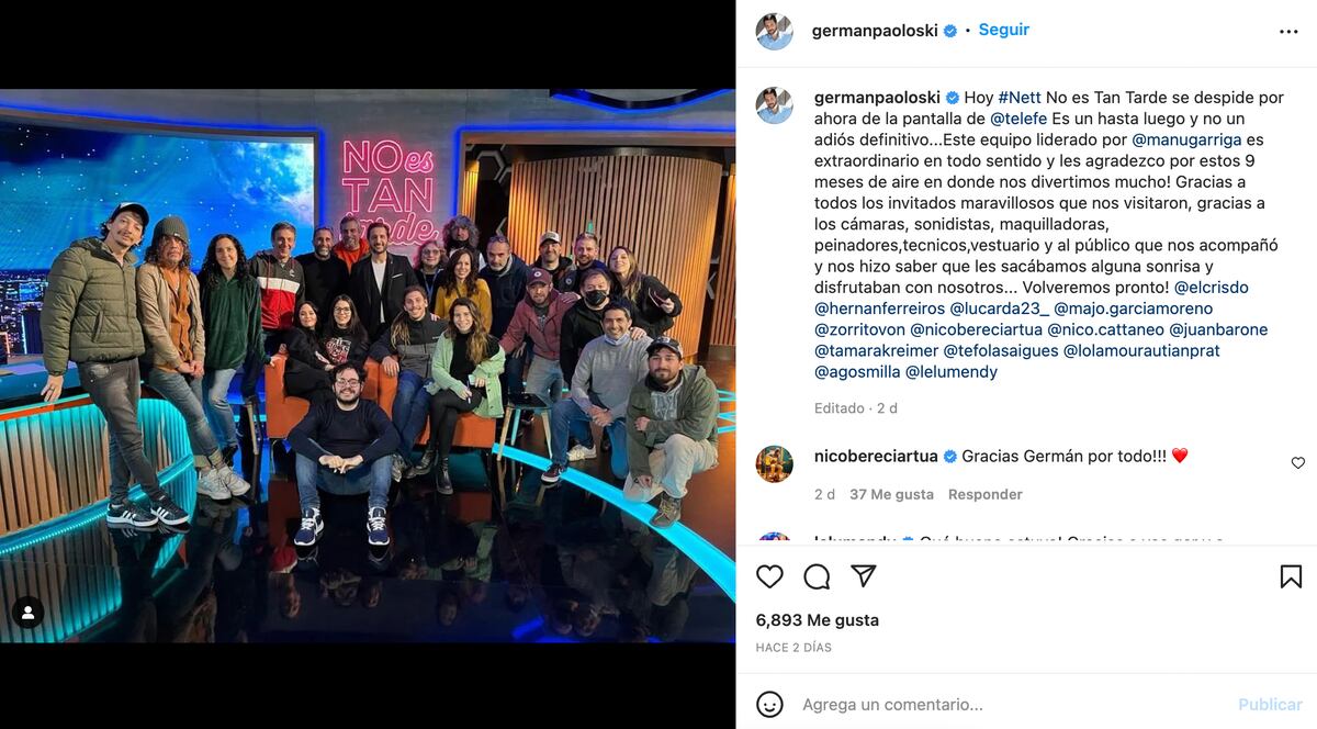 El mensaje de Germán Paoloski en Instagram tras el fin de "No es tan tarde"
