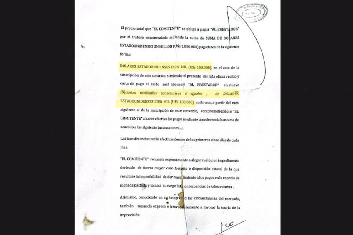El contrato de Machado con Espert, hallado por la Policía este miércoles. (Gentileza La Nación)