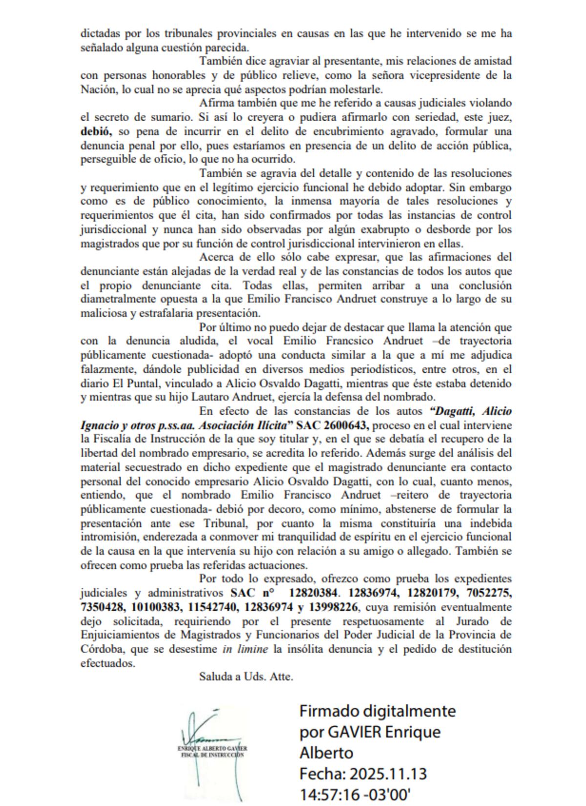 El escrito de Gavier contra Andruet.
