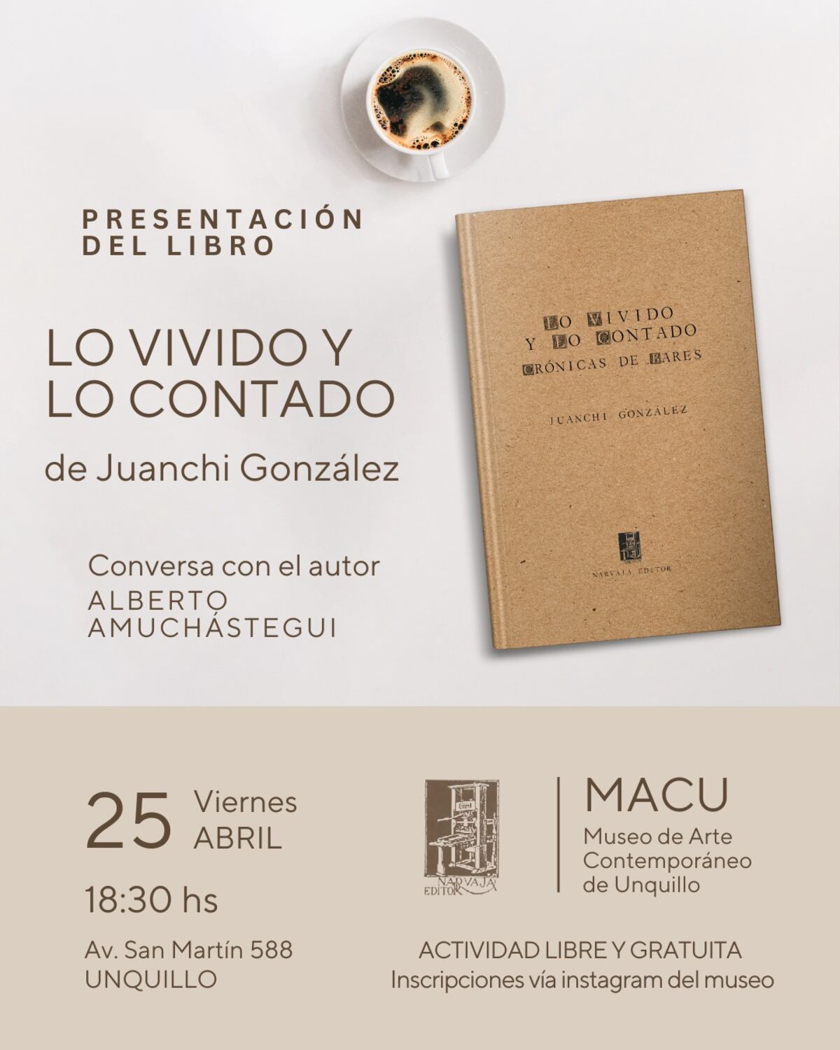 Lo vivido y lo contado. Crónicas de bares, se presenta en el Macu de Unquillo (Captura de pantalla).