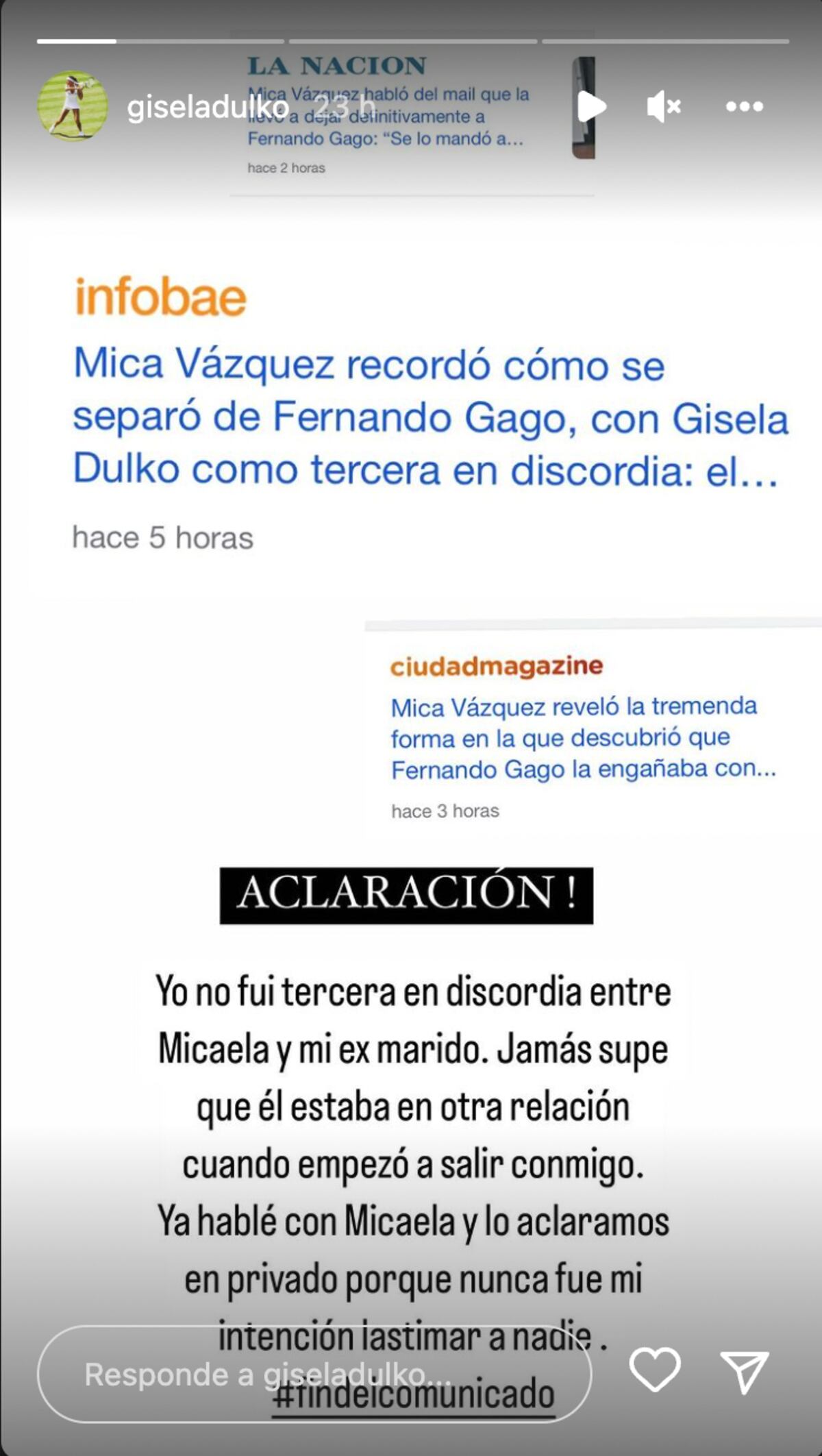 El comunicado de Gisela Dulko después de que Micaela Vázquez la señalara como la tercera en discordia entre ella y Fernando Gago.