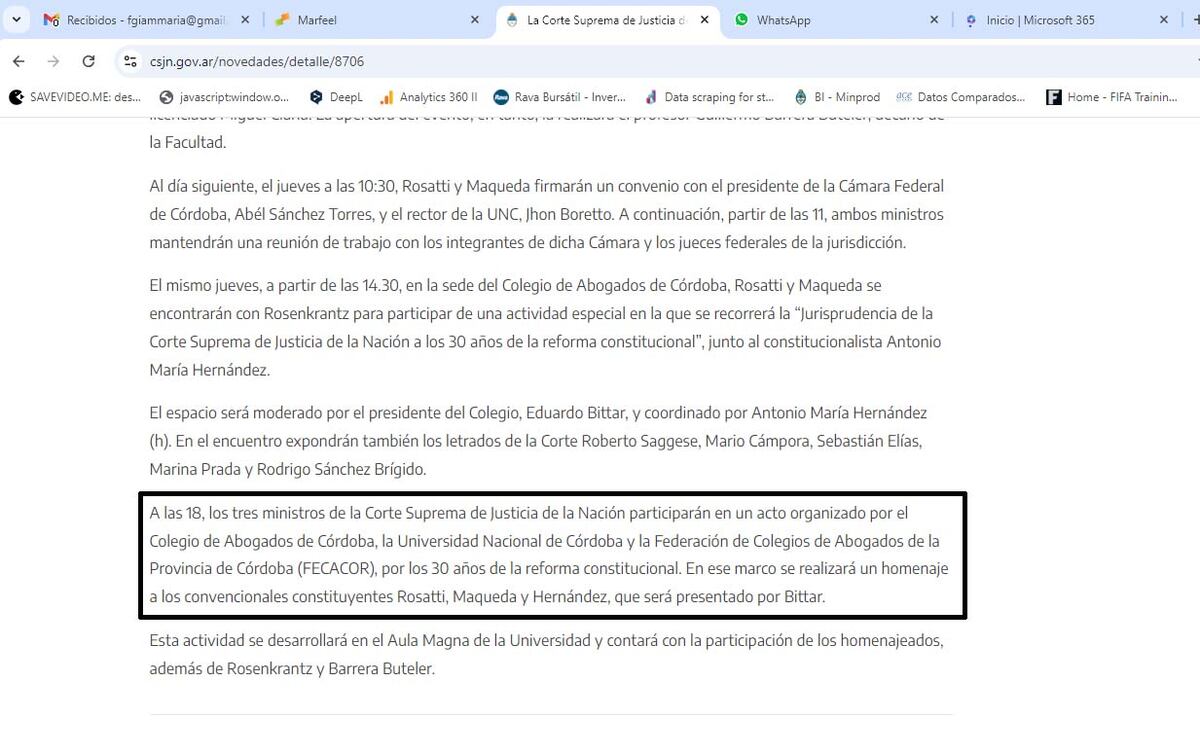 Polémica en Córdoba por la visita de la Corte Suprema entre el Colegio de Abogados y la Federación de Colegios de Abogados: captura de la web de la Corte sobre la participación de Fecacor (sí está)