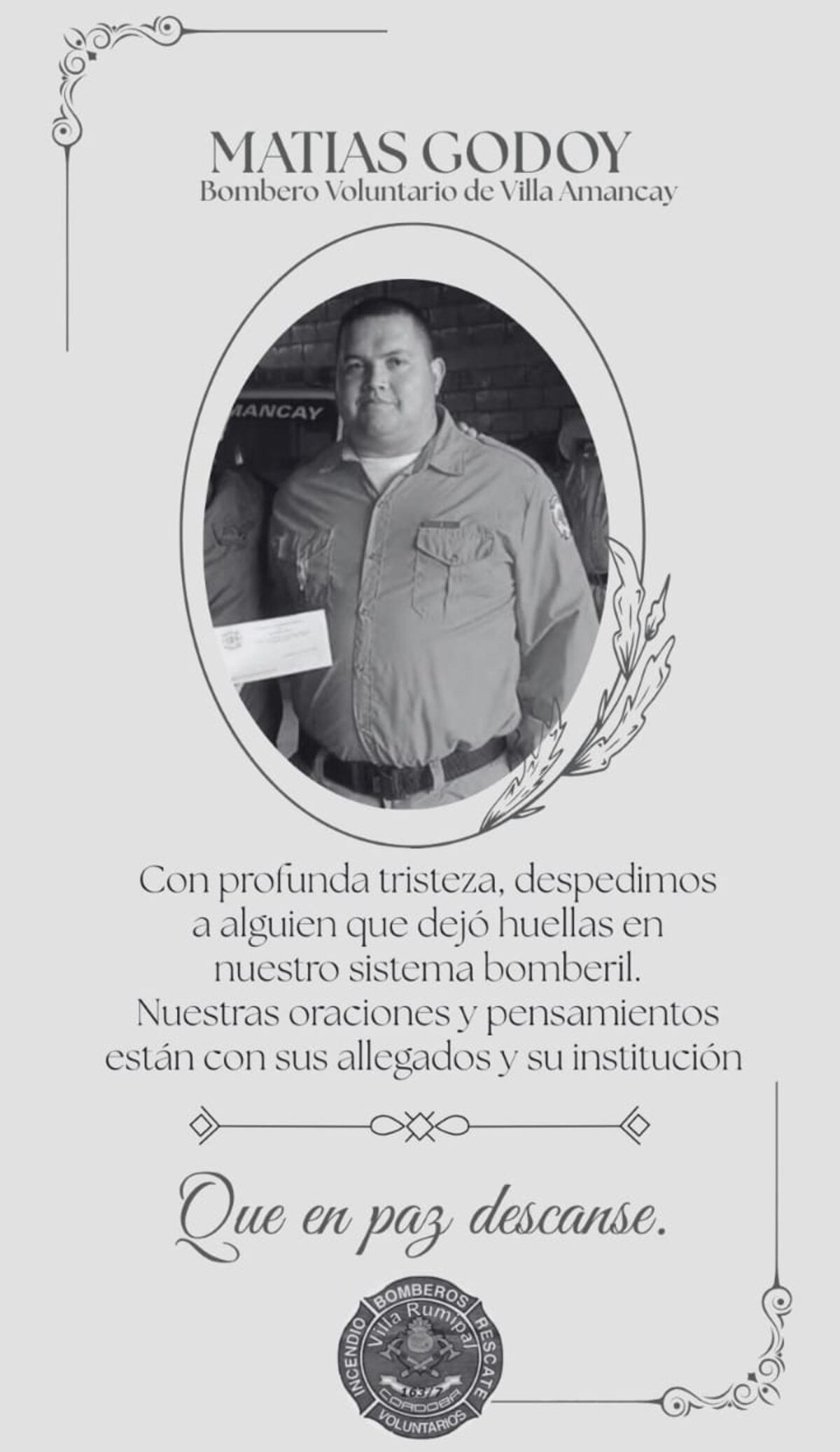 Pesar por la muerte del bombero Matías Godoy.